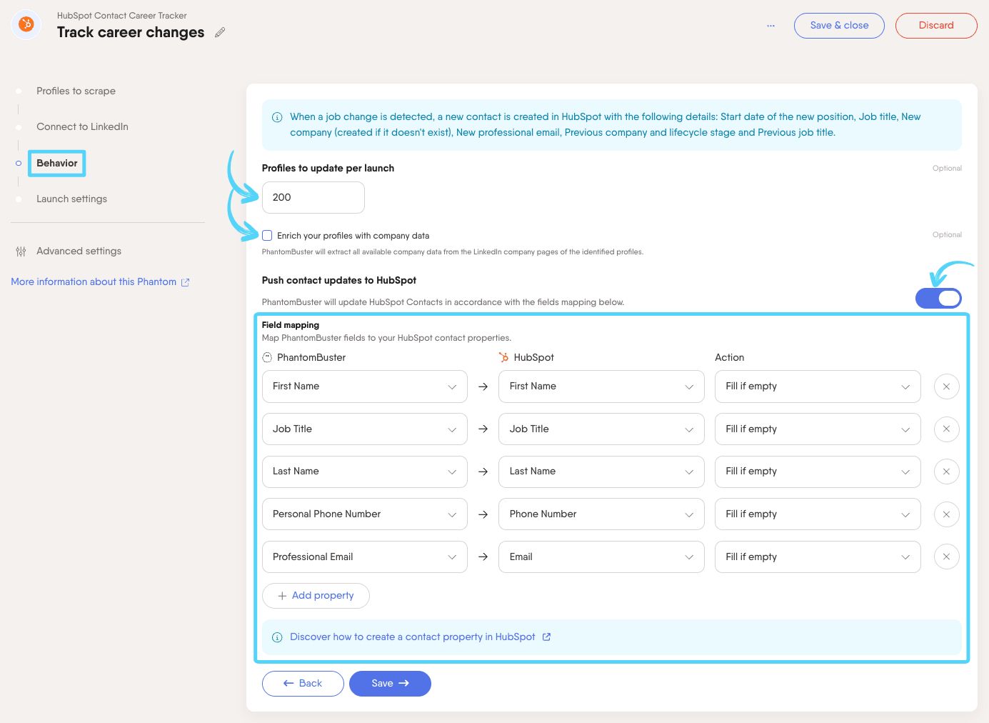 PhantomBuster HubSpot Contact Career Tracker step 3 configuring behavior, enrichment and field mapping