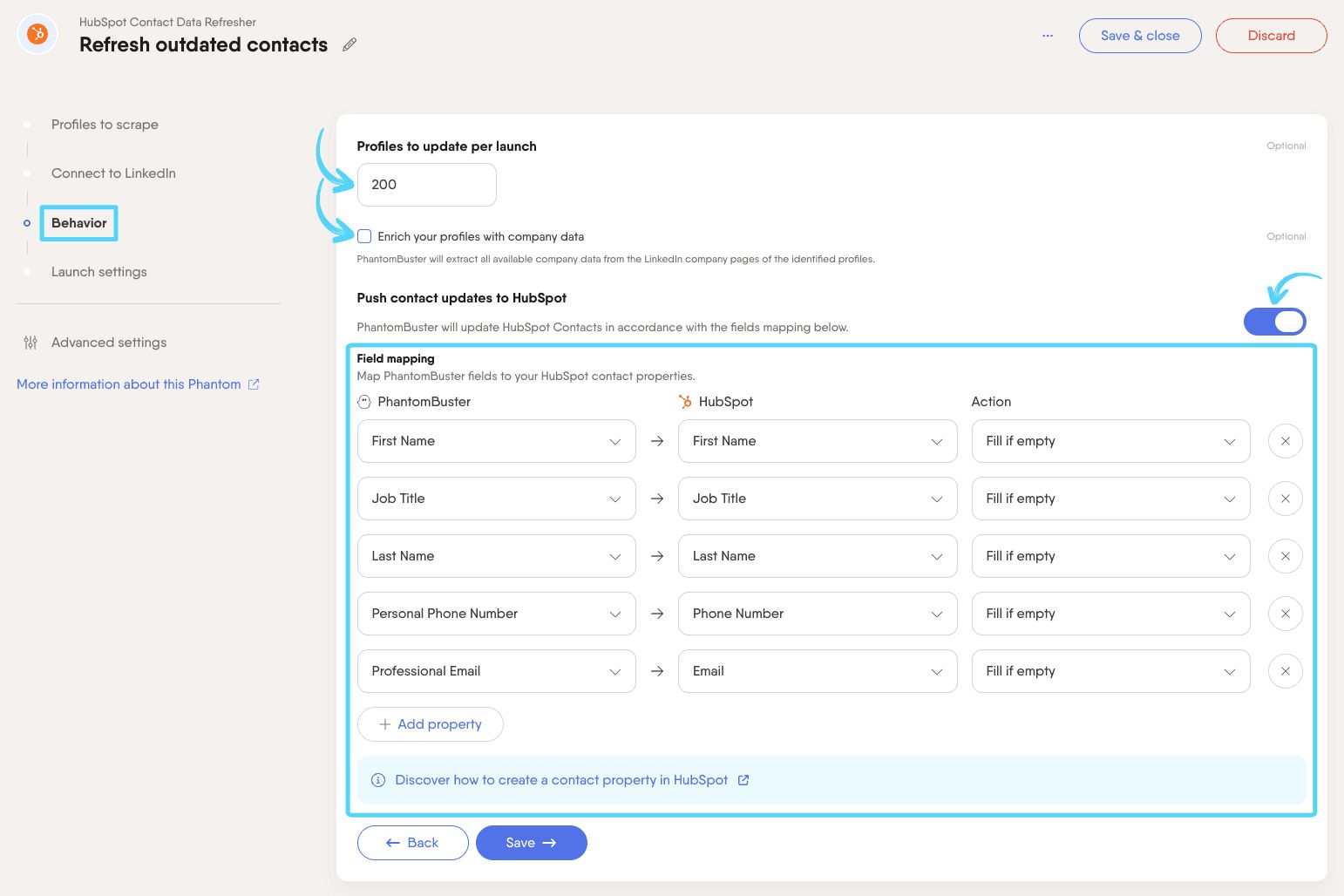 PhantomBuster HubSpot Contact Data Refresher step 3 configuring behavior, enrichment and field mapping