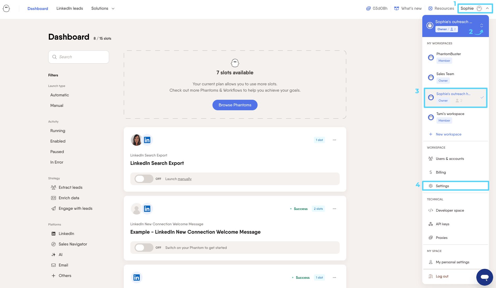 PhantomBuster HubSpot Contact LinkedIn Outreach accessing workspace settings to enable Contact update only