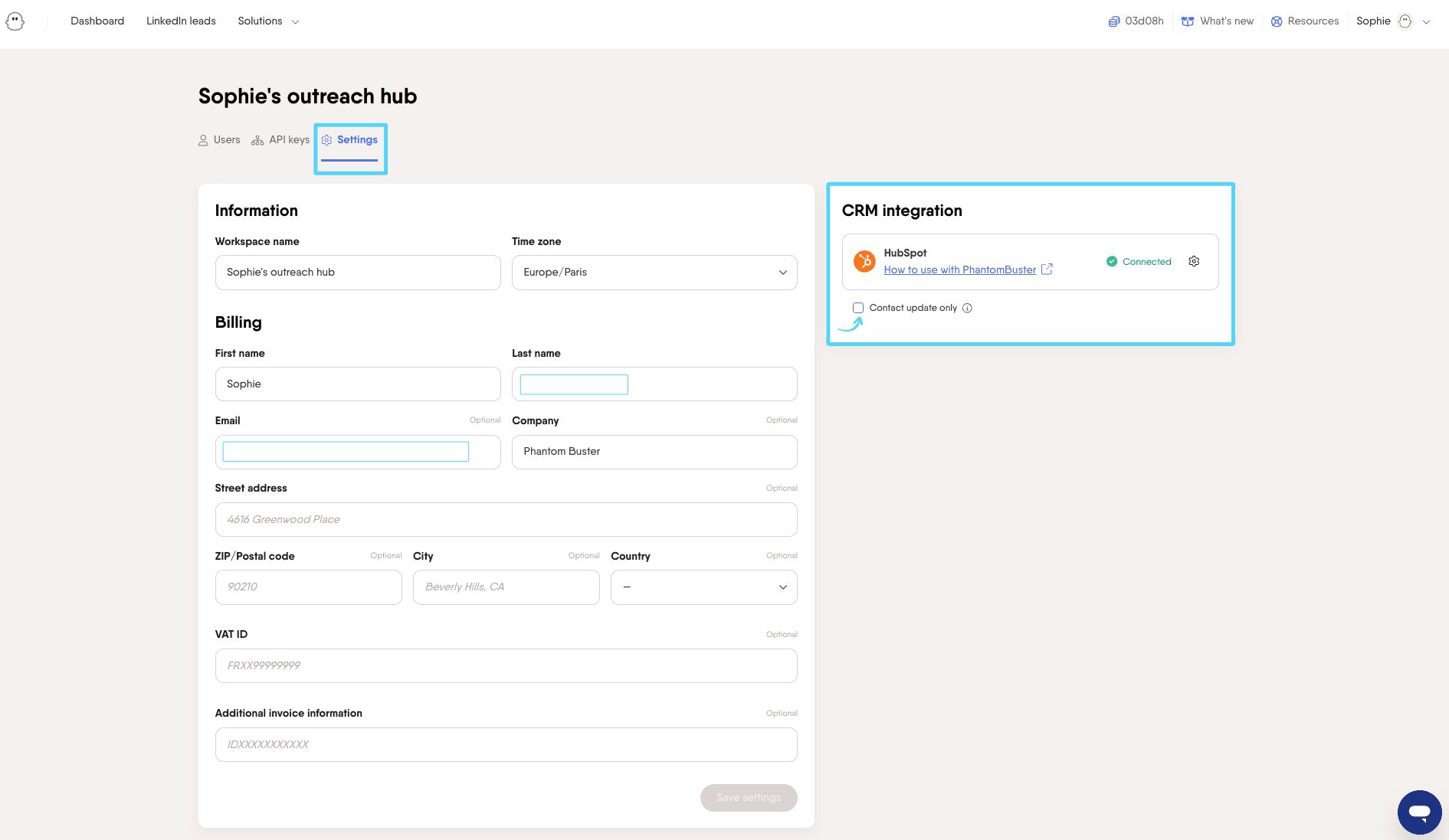 PhantomBuster Workspace Settings with the Contact update only checkbox