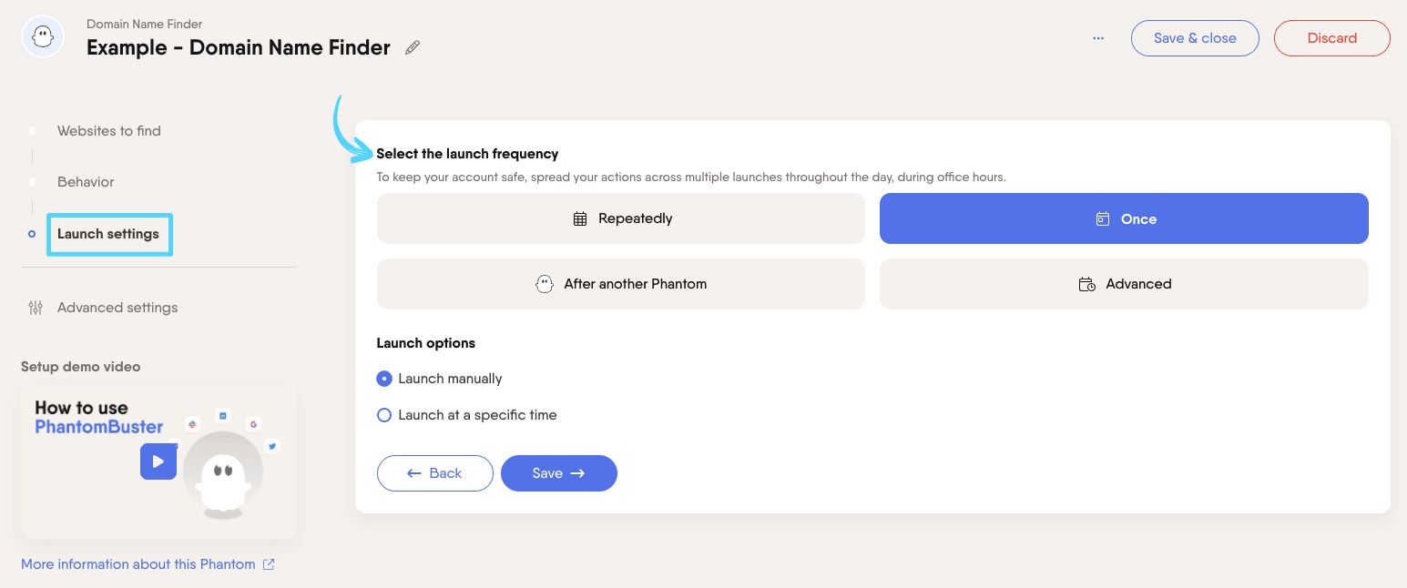 PhantomBuster Domain Name Finder step 3 selecting launch frequency