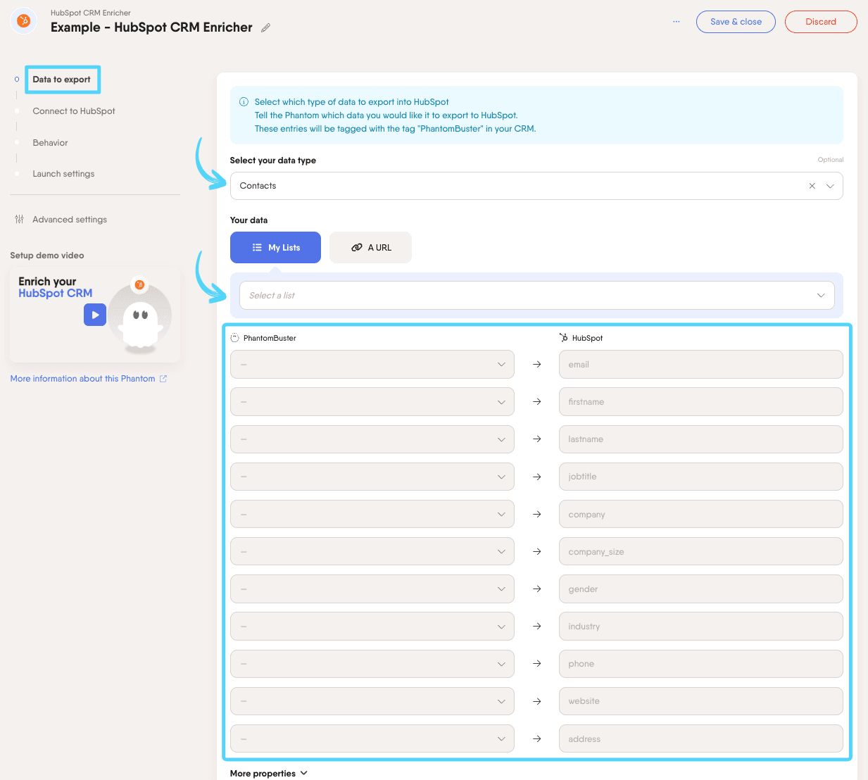 PhantomBuster HubSpot CRM Enricher step 1 choosing what data to send and mapping HubSpot properties