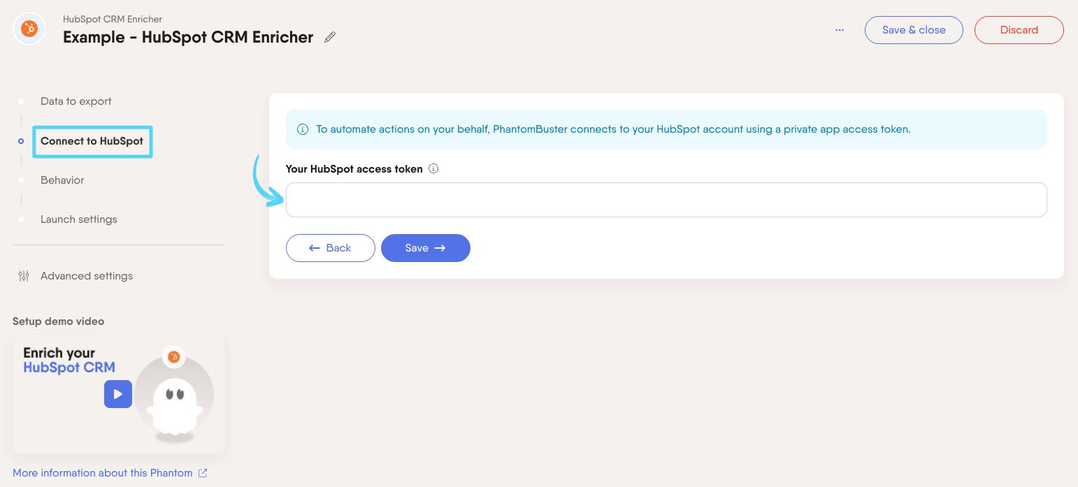 PhantomBuster HubSpot CRM Enricher step 2 connecting your HubSpot account with a private app token