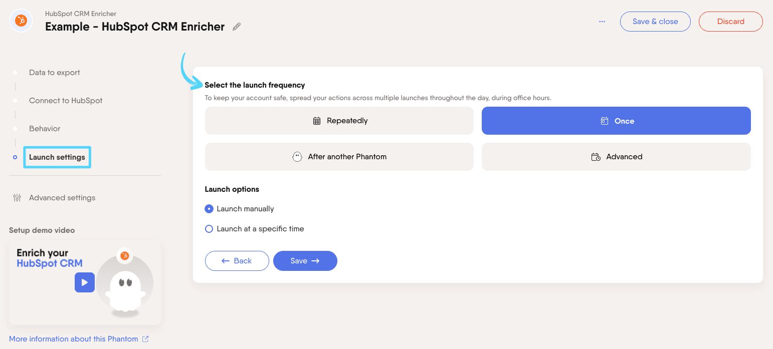 PhantomBuster HubSpot CRM Enricher step 4 selecting launch frequency
