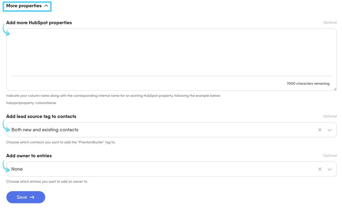PhantomBuster HubSpot CRM Enricher step 1 more properties drop-down options