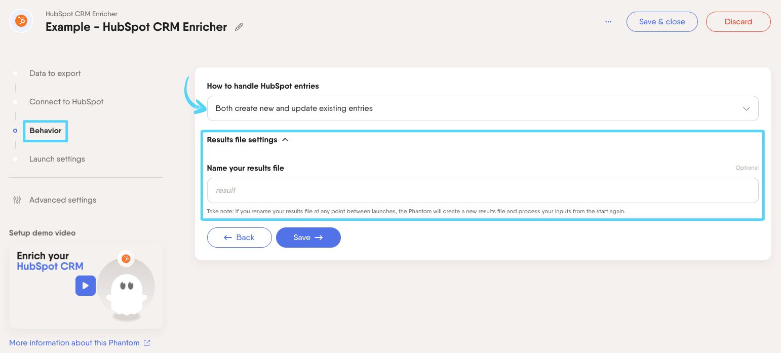 PhantomBuster HubSpot CRM Enricher step 3 choosing how to handle HubSpot entries