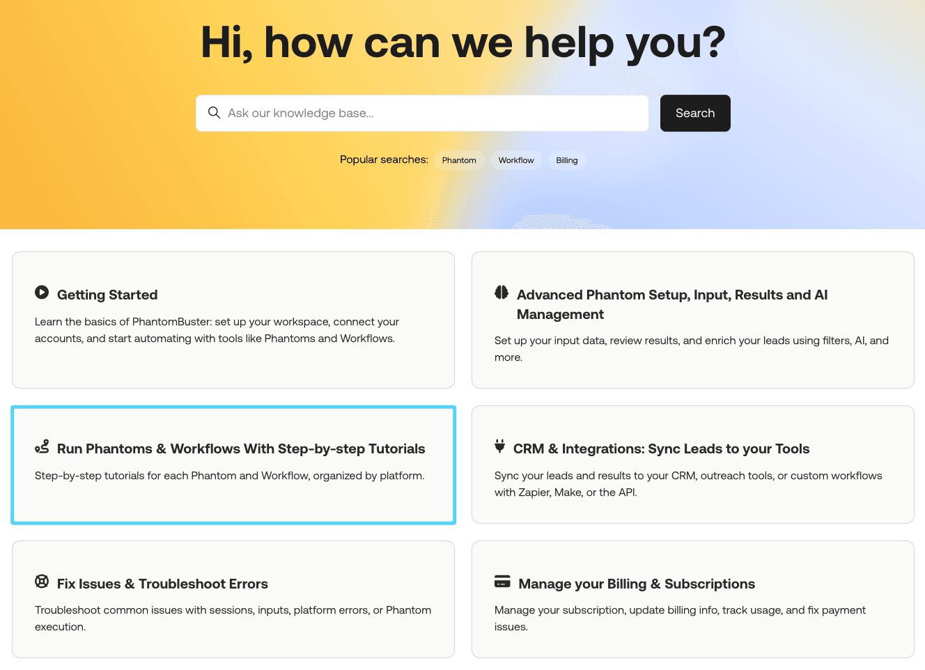 Help Center tutorial category page listing Phantom and Workflow step-by-step guides