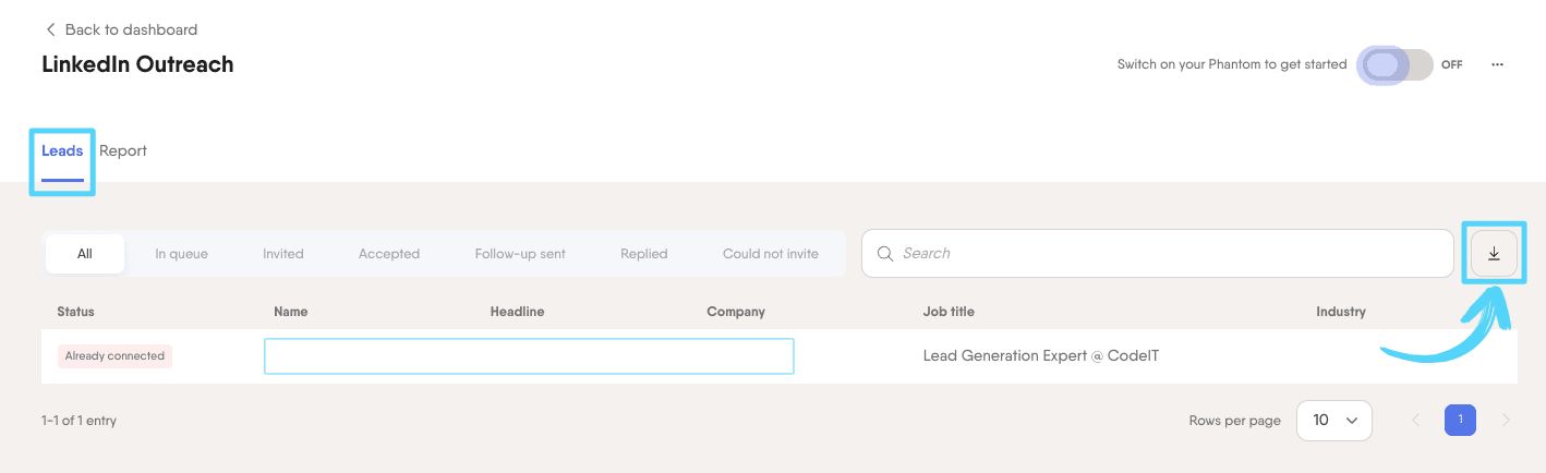 PhantomBuster Workflow Leads tab with download icon to export leads as CSV
