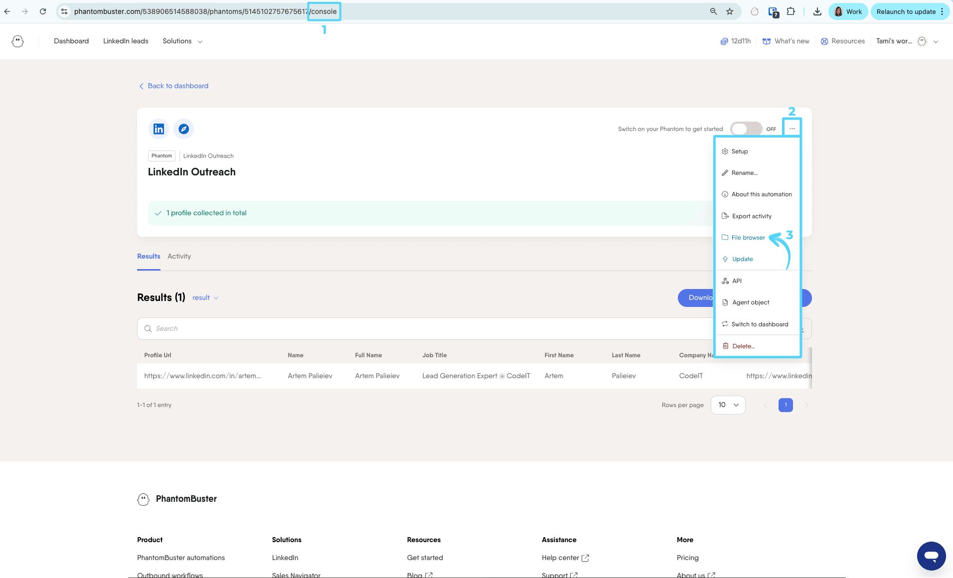 PhantomBuster Workflow console view showing the File browser for deleting stored result files