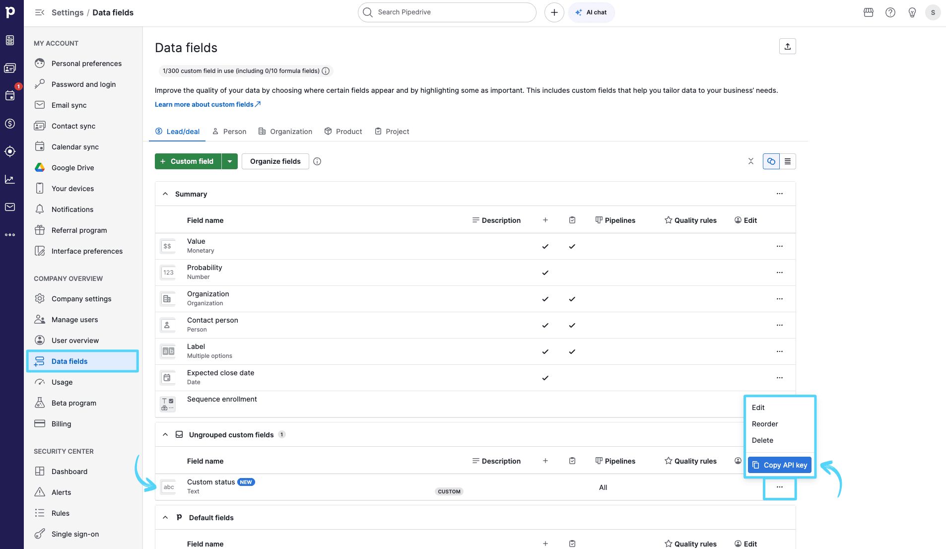 Pipedrive Settings Data fields menu showing where to copy a custom field API key