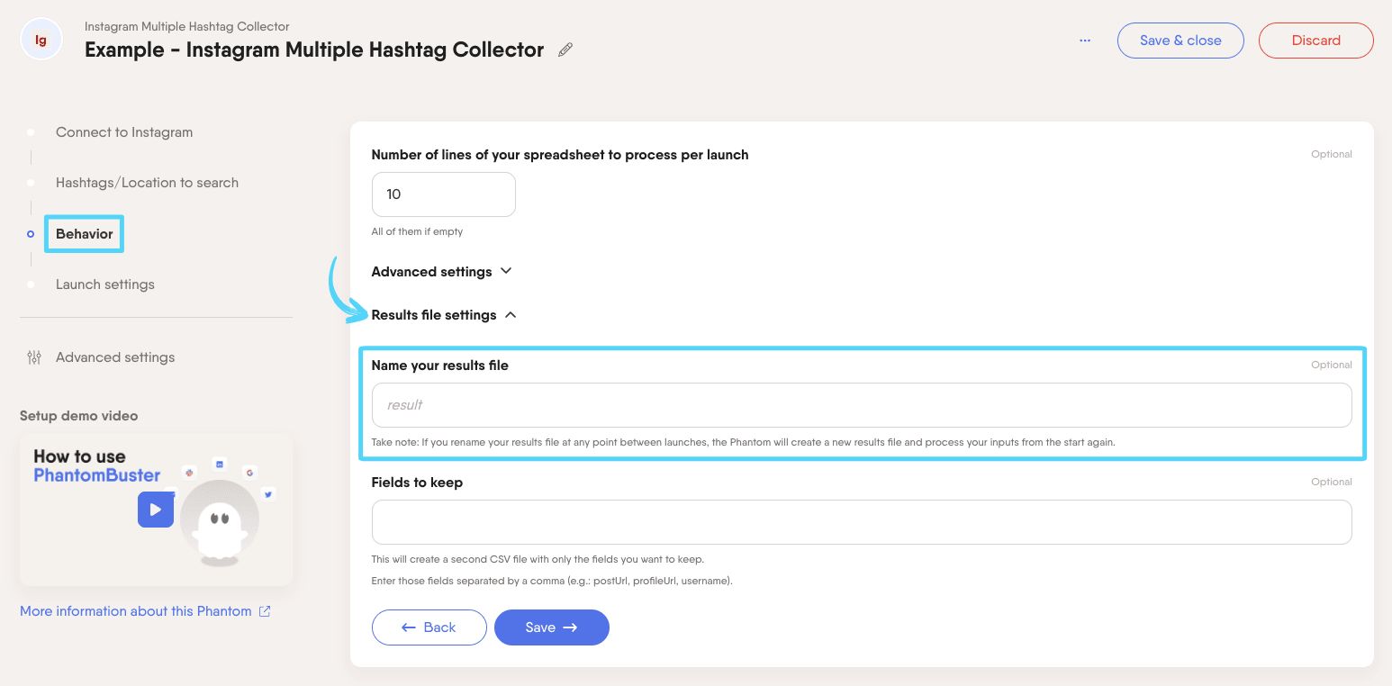 PhantomBuster Instagram Multiple Hashtag Collector setup showing the Name your result file field under Results file settings