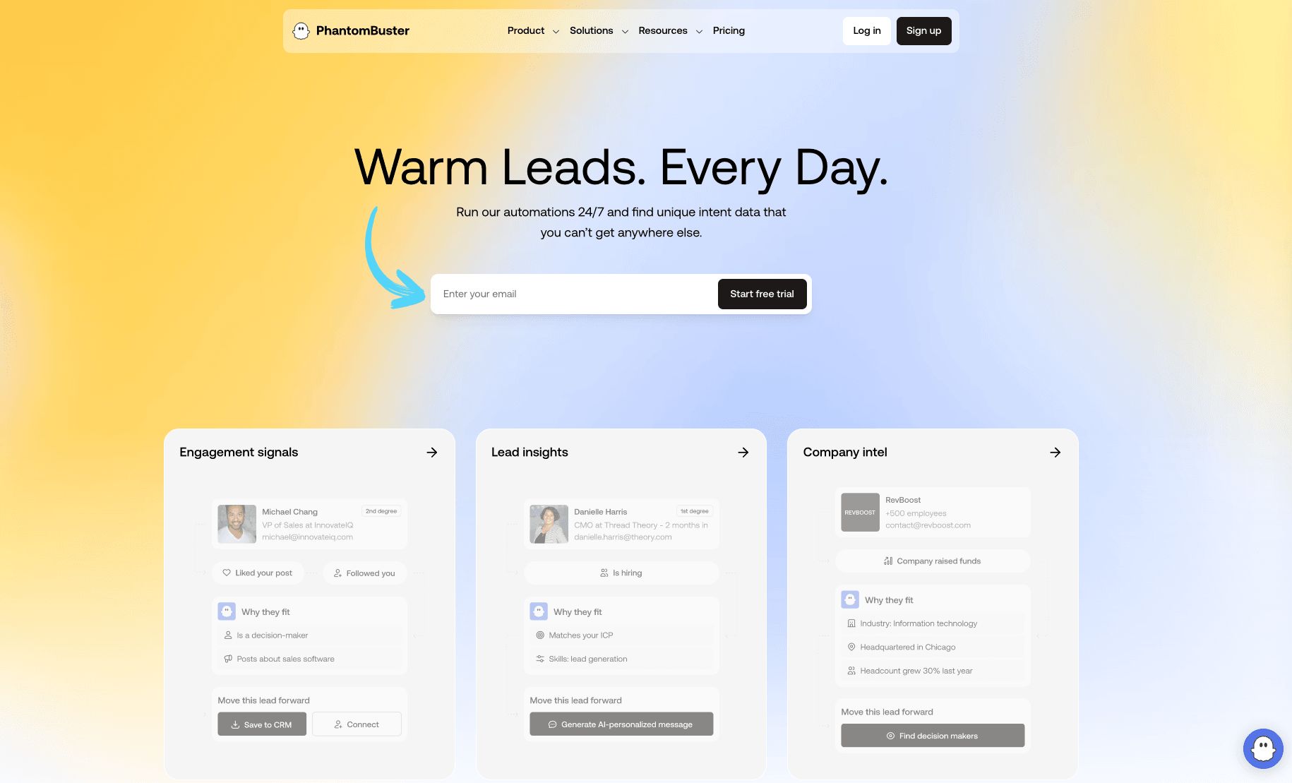 PhantomBuster website homepage with email field and Start free trial button