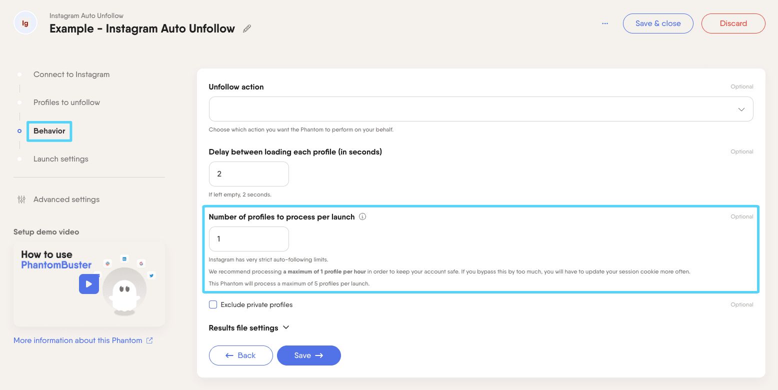 PhantomBuster Instagram Auto Unfollow Behavior step showing the Number of profiles to process per launch setting