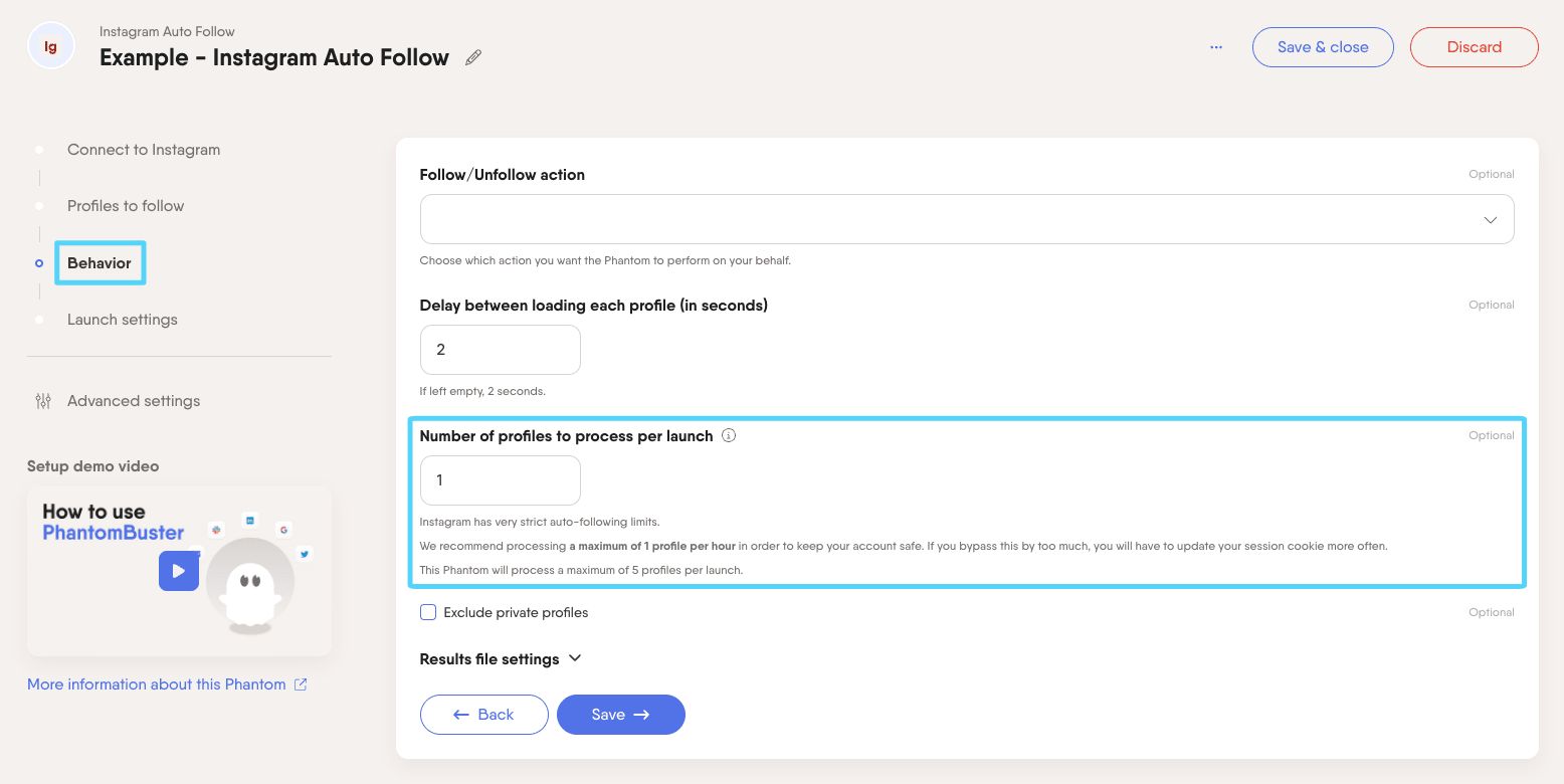 PhantomBuster Instagram Auto Follow Behavior step showing the Number of profiles to process per launch setting