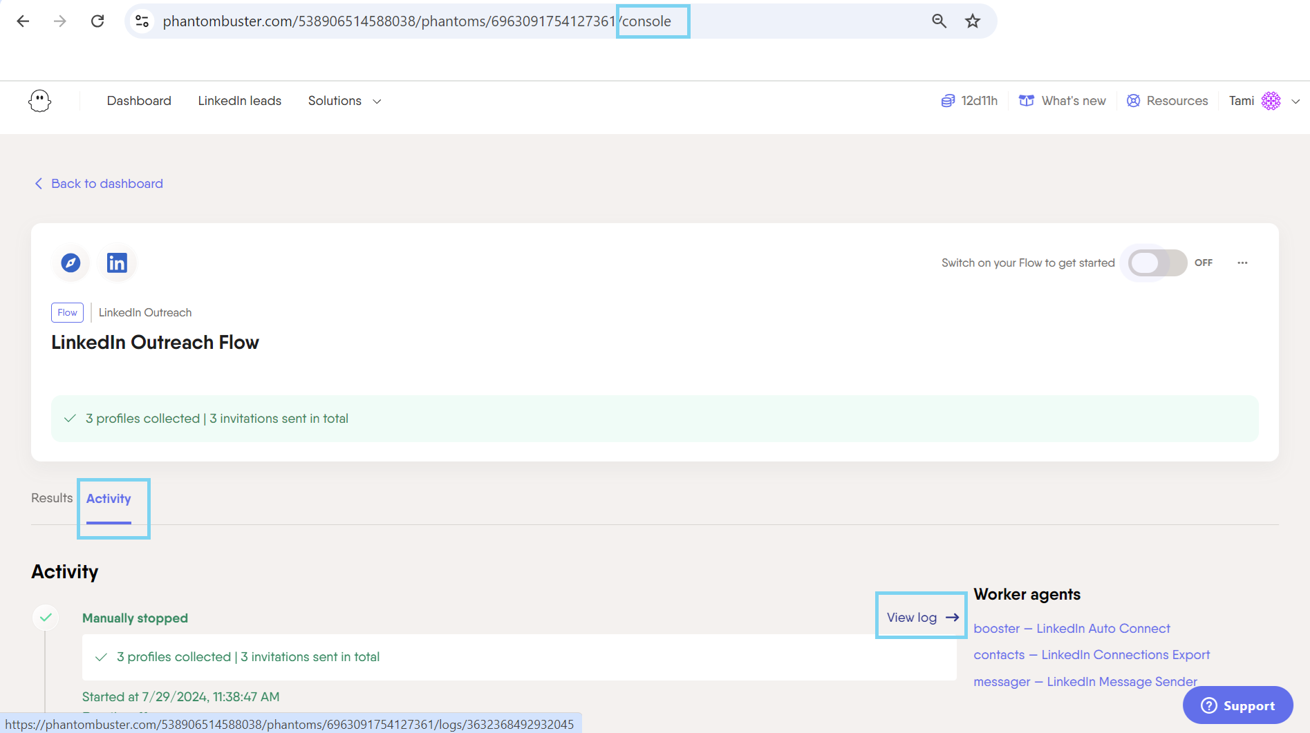 Workflow console page showing Activity tab and View log option for error details