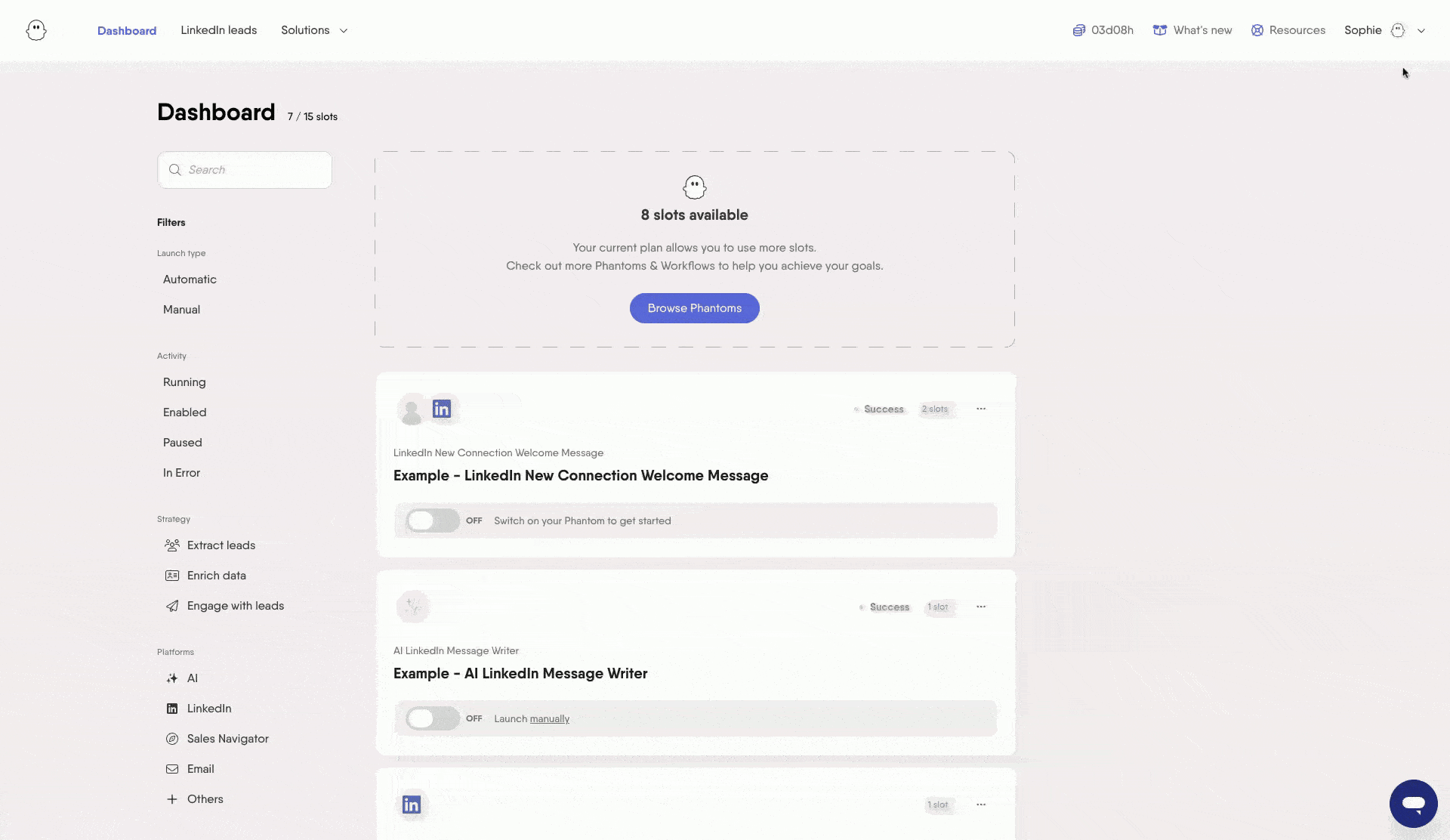 Animated walkthrough showing how to enable Developer mode in PhantomBuster personal settings
