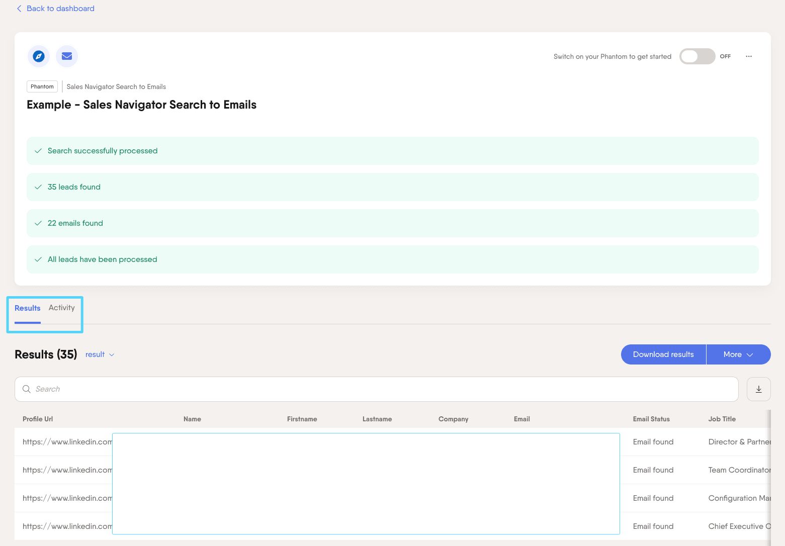 Workflow console view showing Results and Activity tabs without a Dashboard
