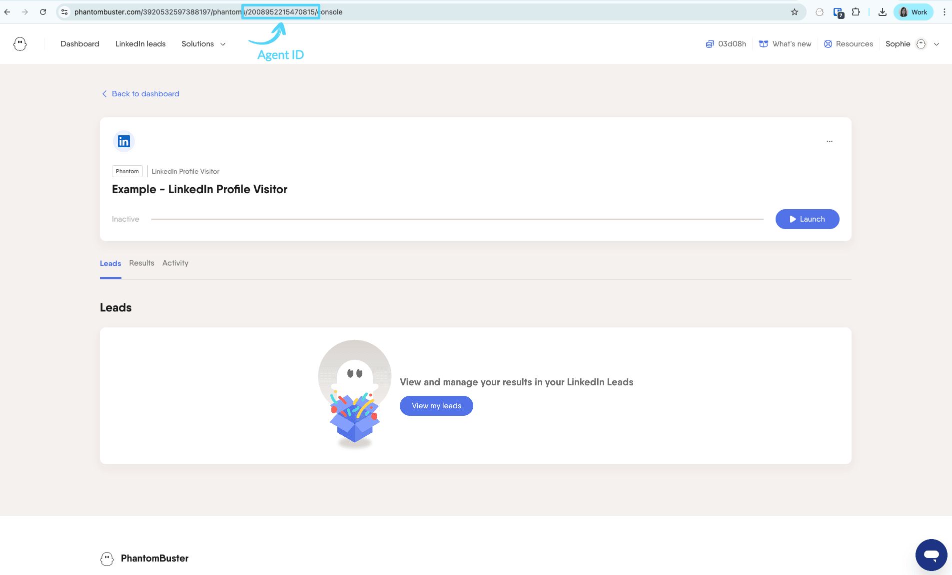 PhantomBuster console URL showing the Agent ID after /phantoms/ in the browser address bar