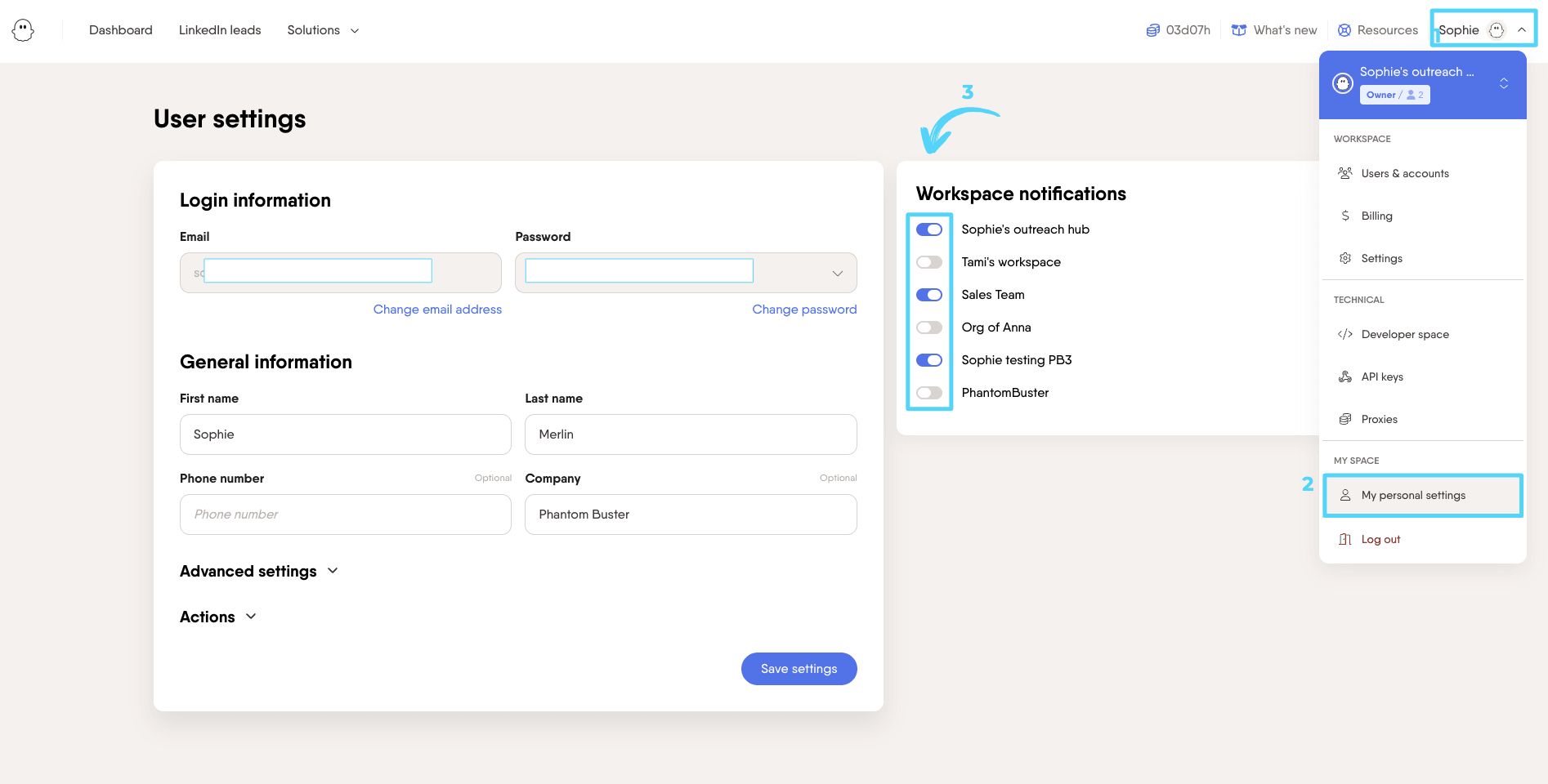 Personal settings page showing workspace notification toggles for each workspace