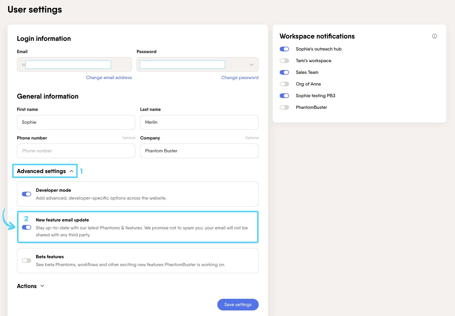 Advanced settings section with New feature email update toggle highlighted