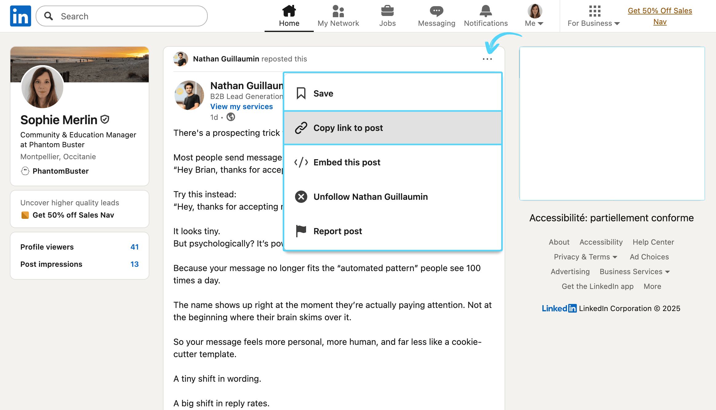 LinkedIn post three-dot menu showing the Copy link to post option to get a valid post URL