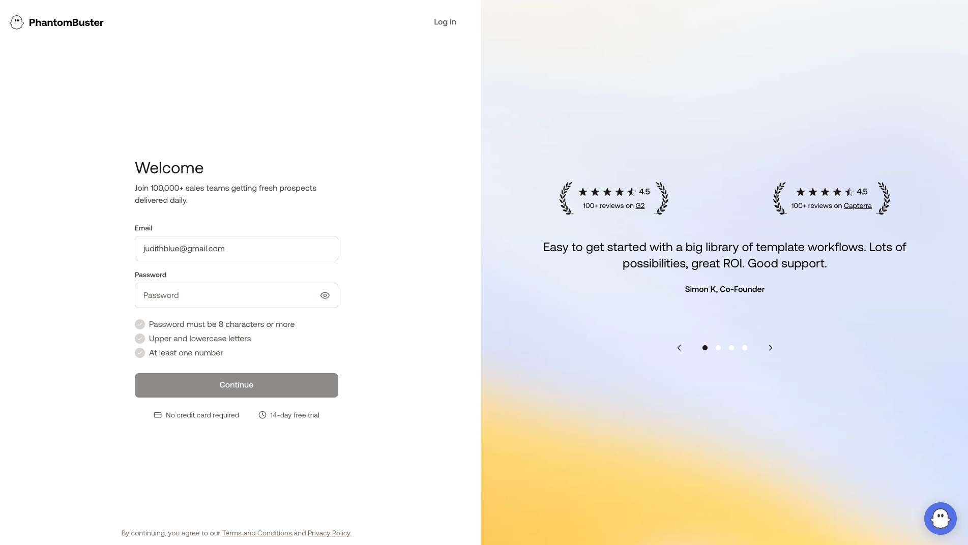 PhantomBuster sign-up form showing email and password fields