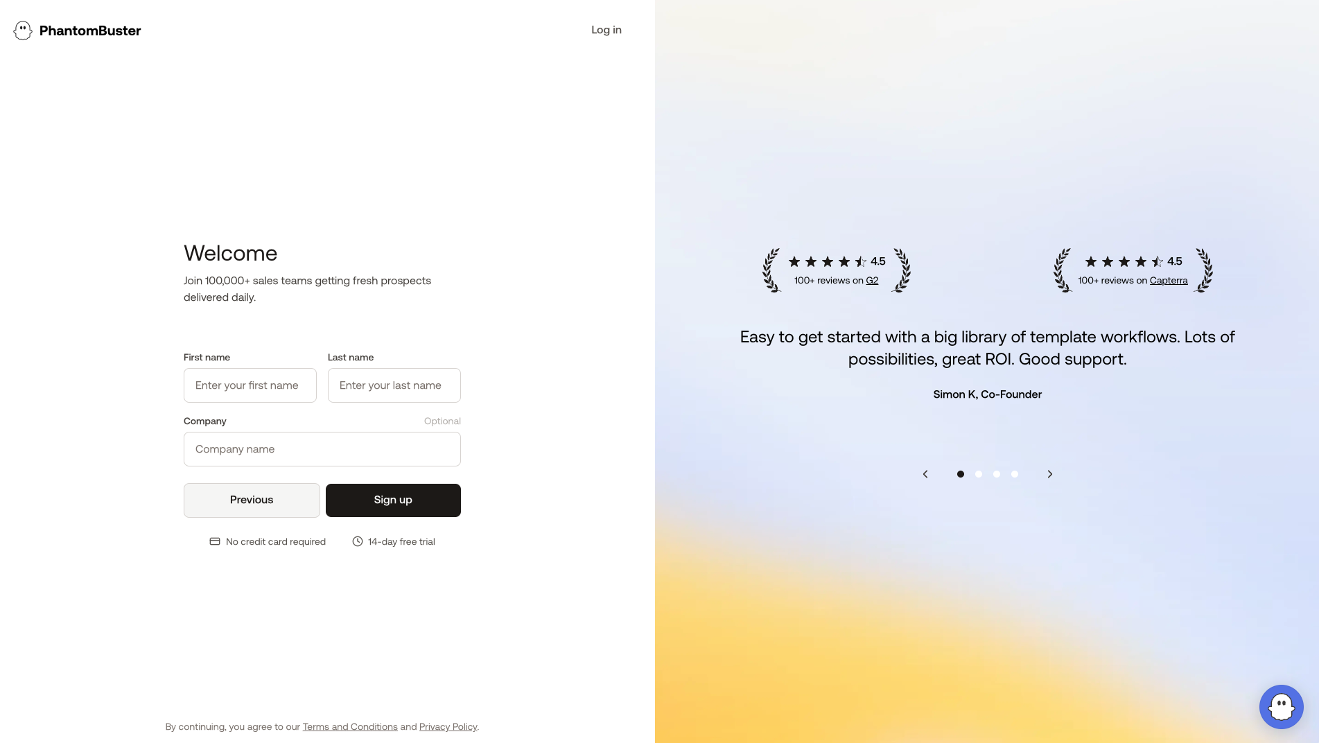 PhantomBuster sign-up form with name, last name, and company name fields