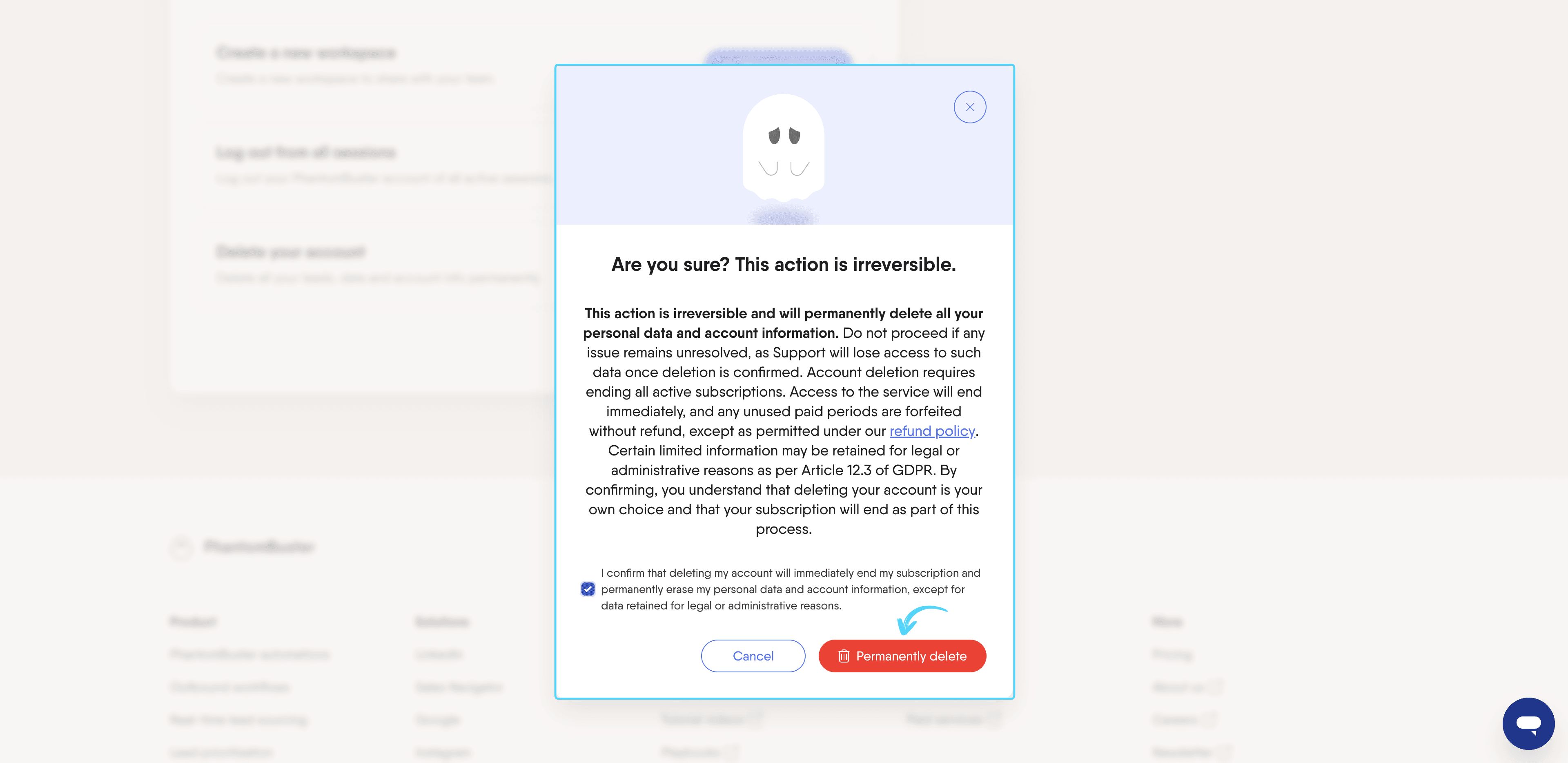 PhantomBuster account deletion popup showing the Permanently Delete button