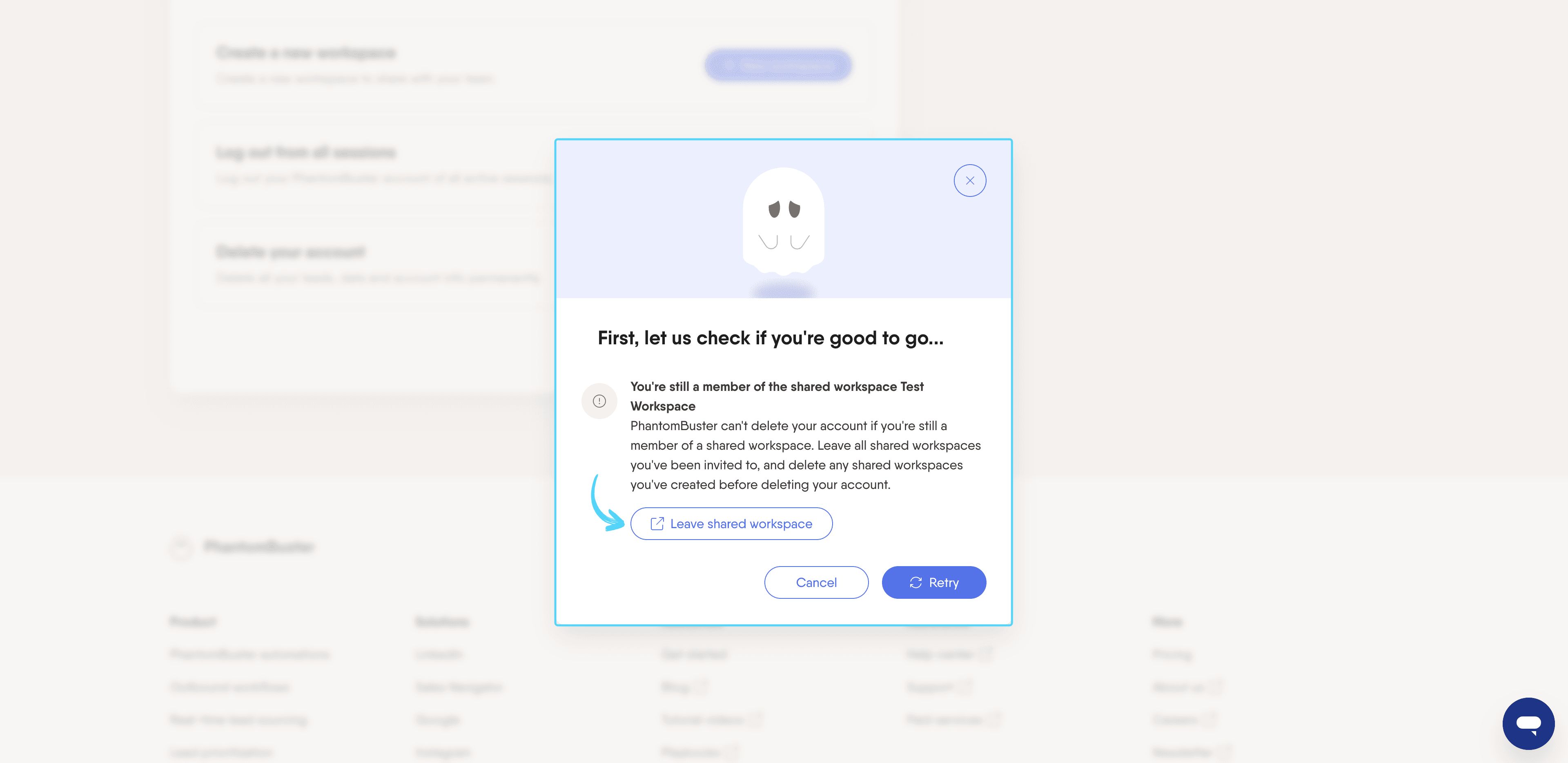 PhantomBuster deletion blocker showing workspaces you must leave before deleting your account