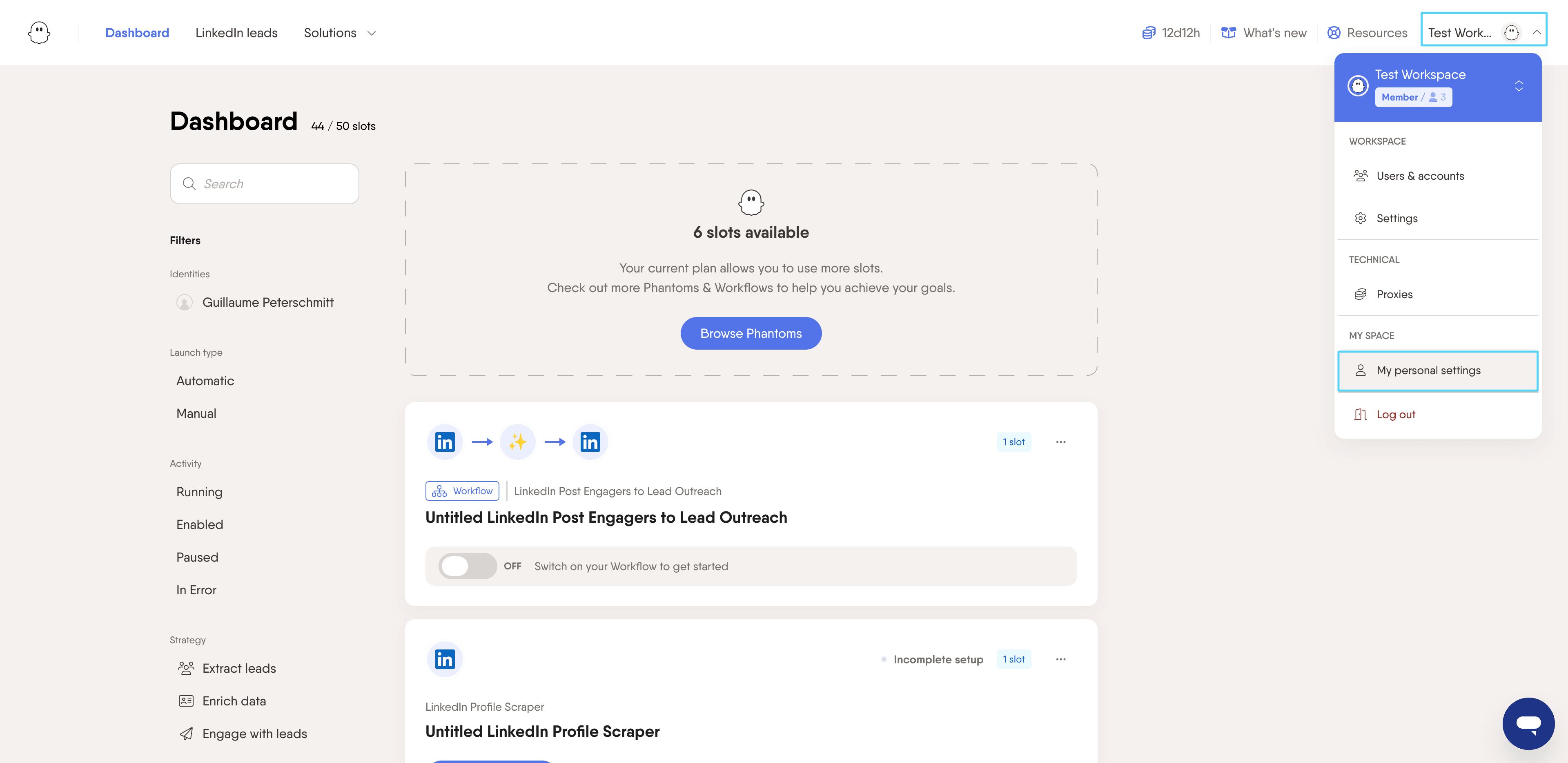PhantomBuster user menu showing My Personal Settings option under My Space section