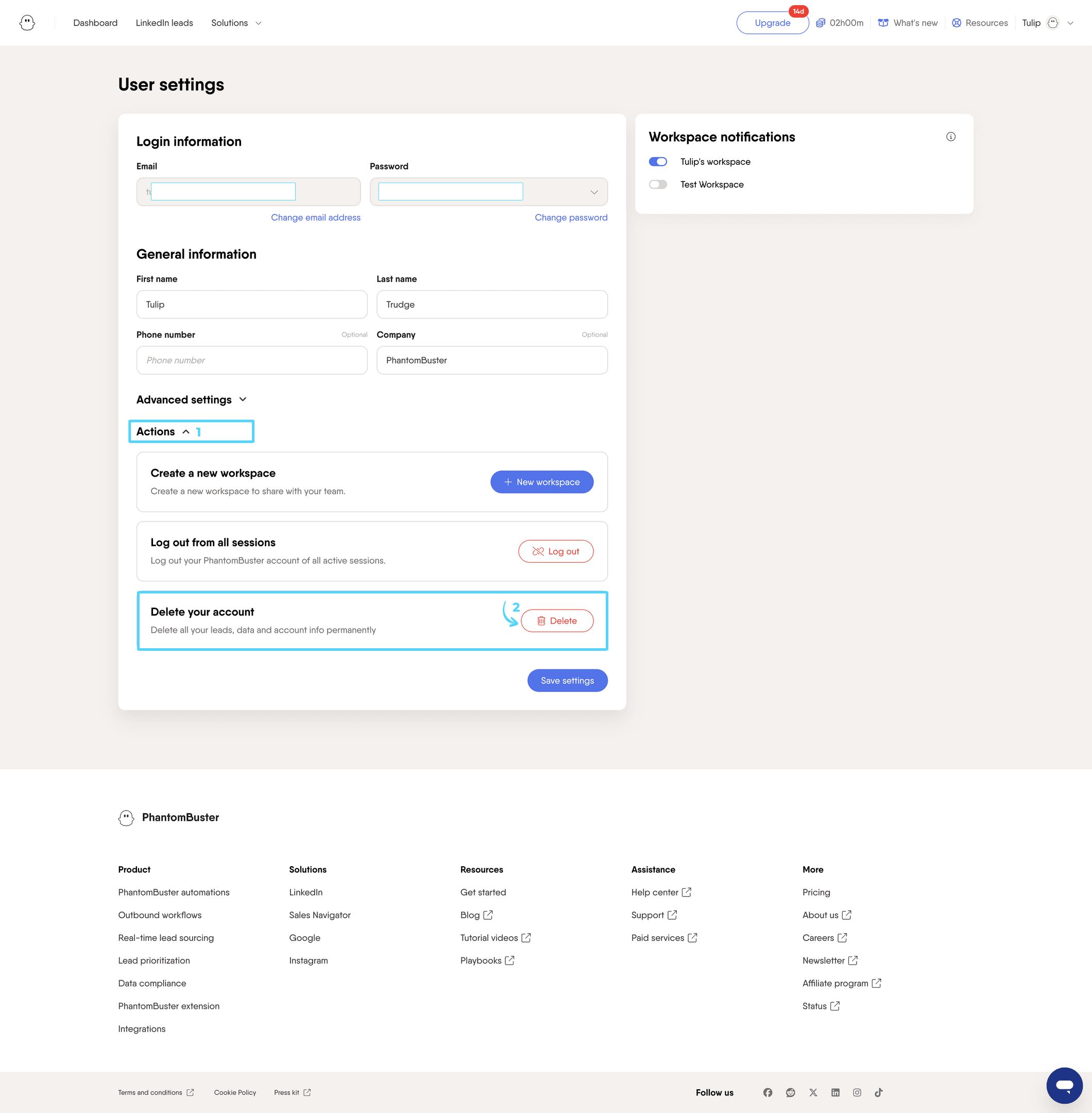 PhantomBuster personal settings page showing the Actions dropdown with the Delete button