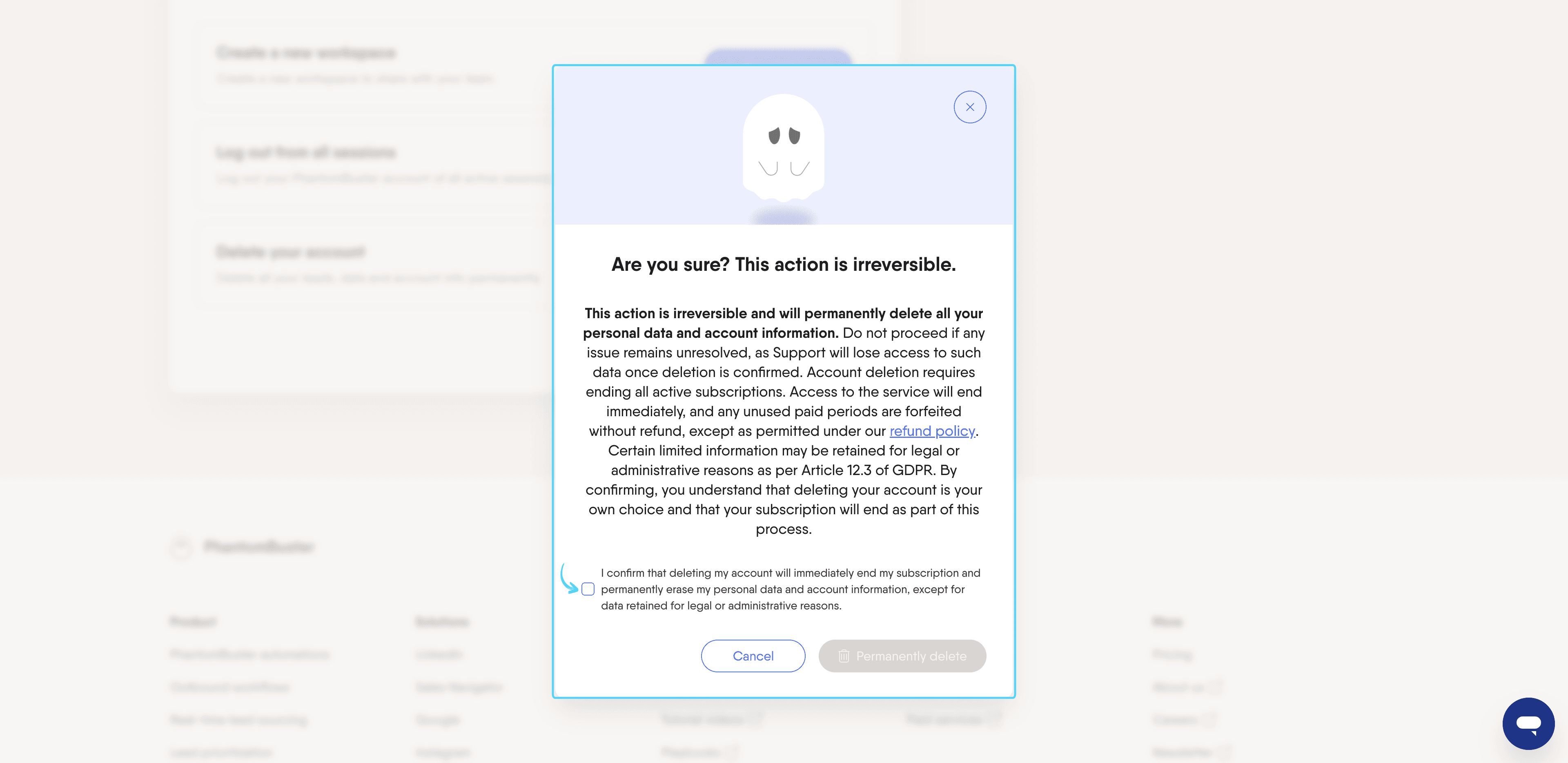 PhantomBuster account deletion confirmation popup with checkbox to confirm permanent deletion
