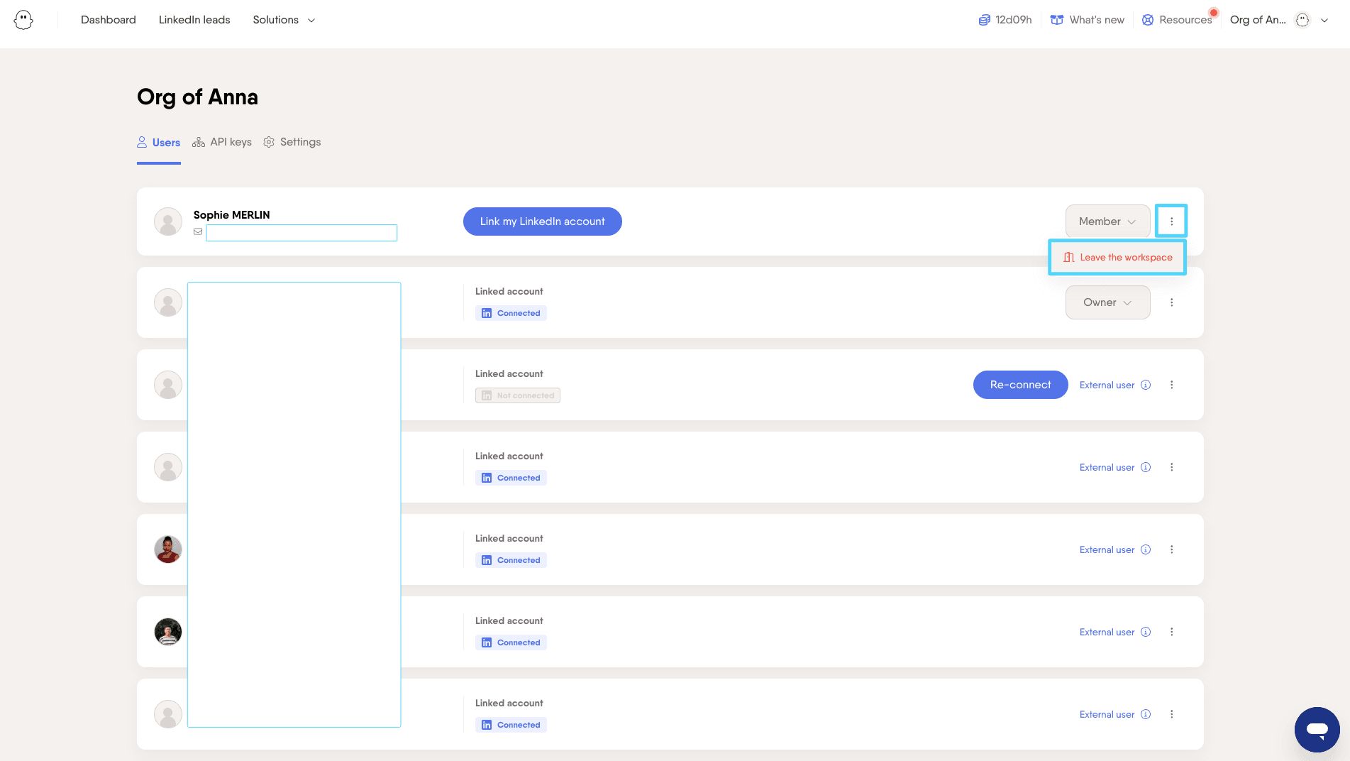 PhantomBuster Users and Accounts page showing how to leave a workspace as a member