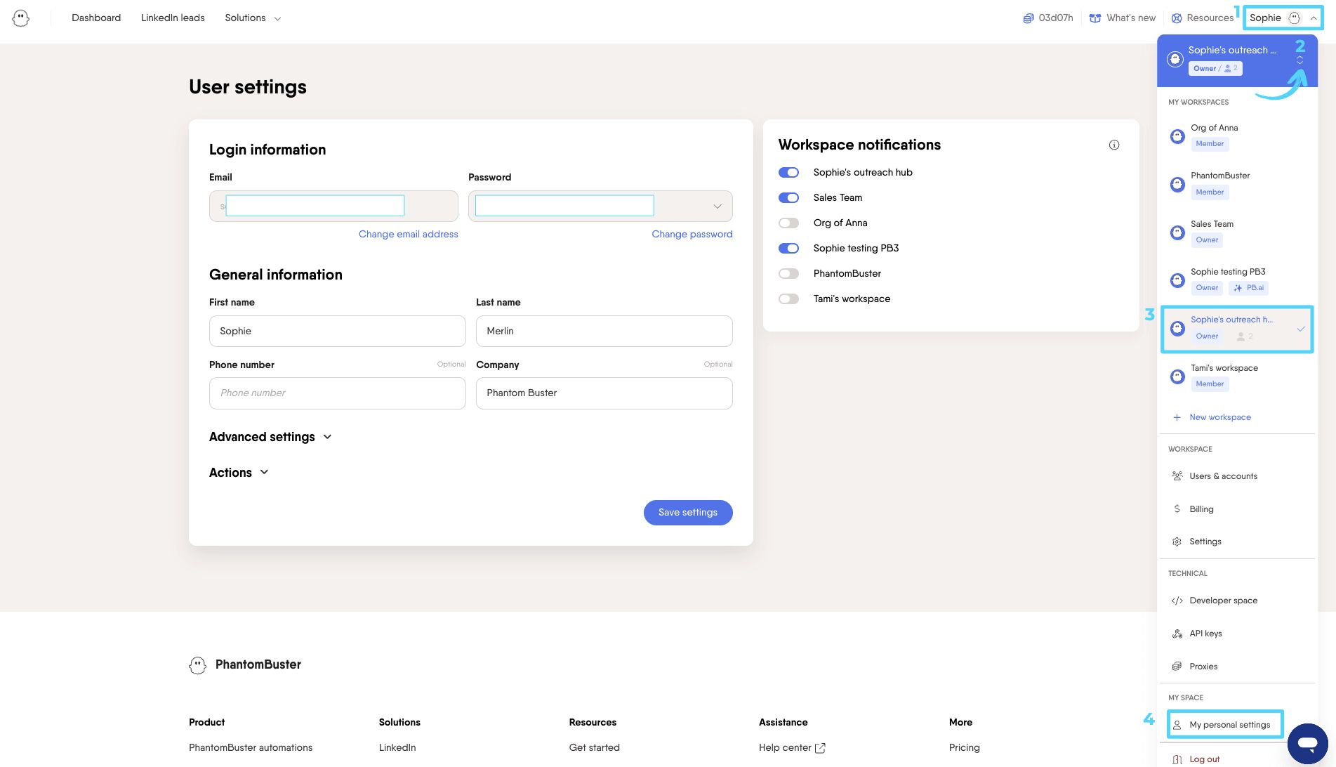 PhantomBuster user menu with "My personal settings" link highlighted in the My space section