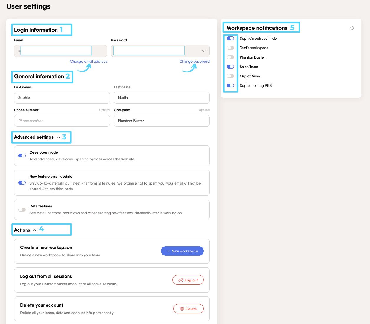 PhantomBuster personal settings page showing General information, Advanced settings, Actions, and Workspace notifications sections