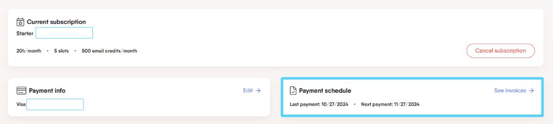 PhantomBuster Billing page showing current plan, payment info, and next renewal date