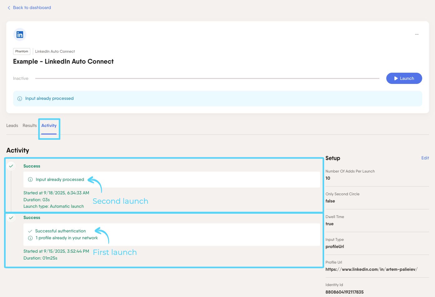 PhantomBuster Activity tab showing a Success status after a Phantom has finished processing all inputs