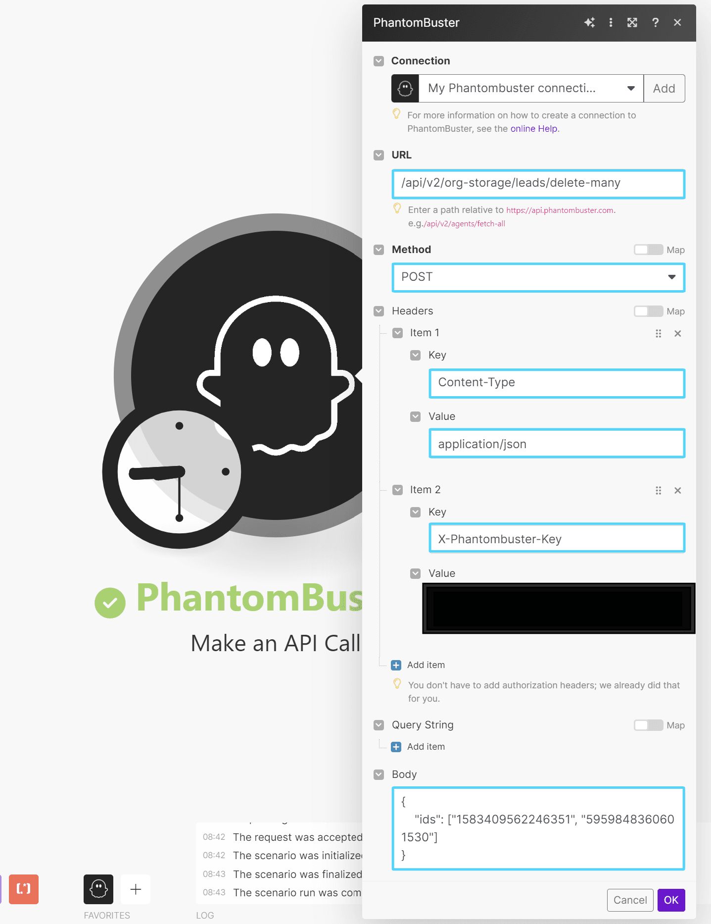 Make PhantomBuster Make an API Call module configured to delete leads in bulk