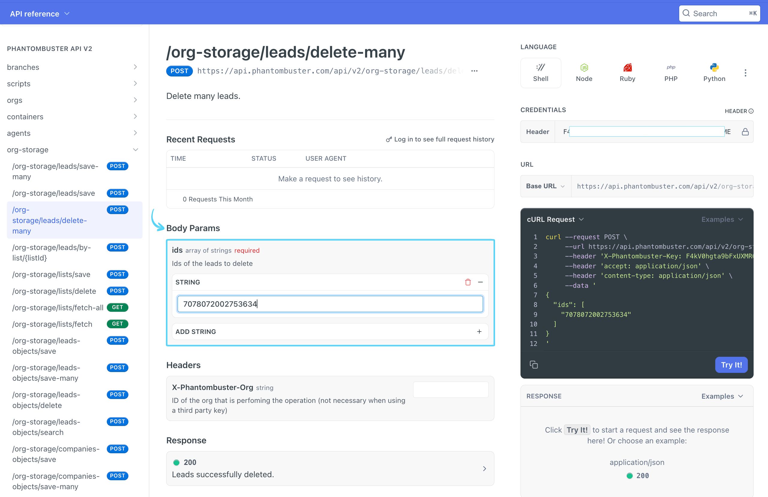 PhantomBuster API reference Body params showing the ids field with a Lead ID