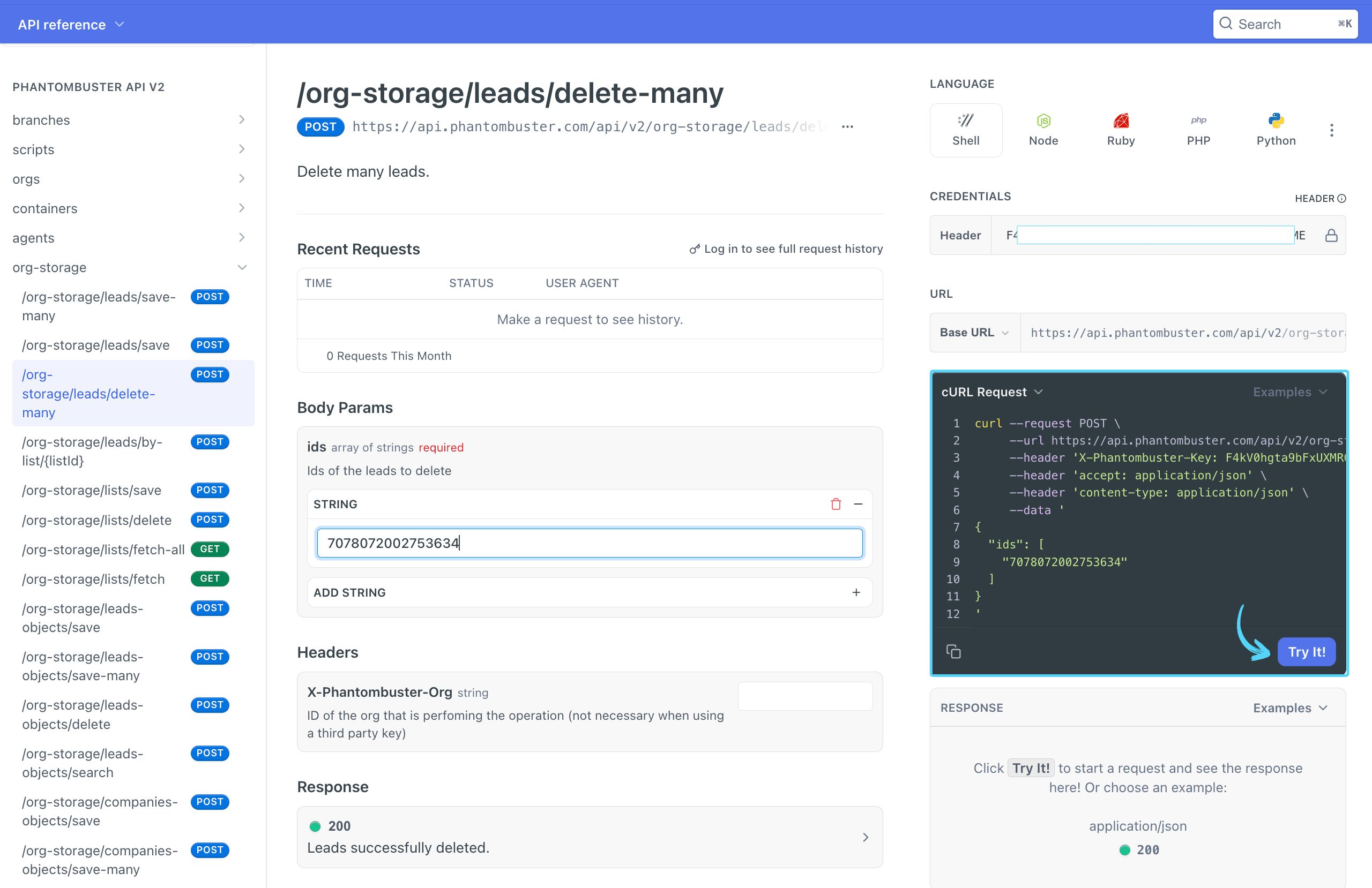PhantomBuster API reference showing the Try it button for /org-storage/leads/delete-many
