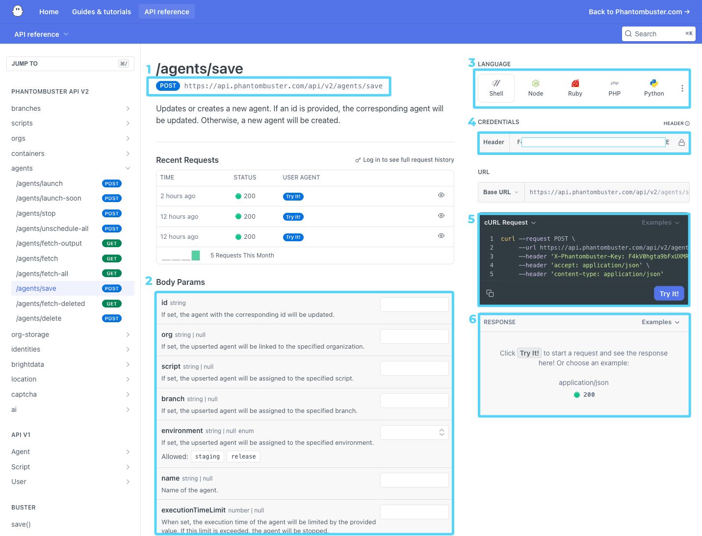 PhantomBuster API reference endpoint page showing the HTTP method, parameters, Credentials section, Try it button, and response