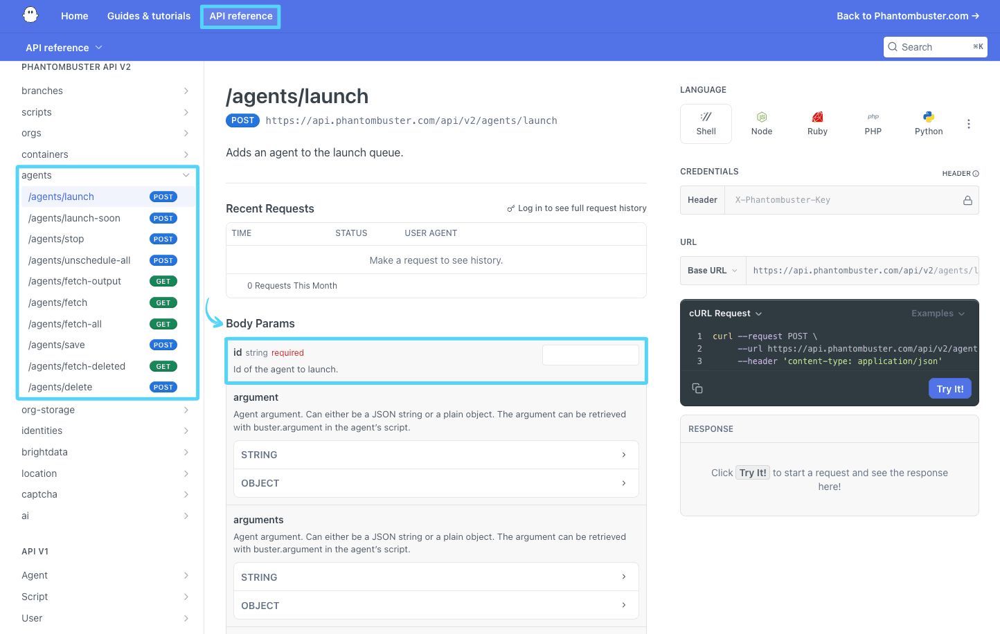 PhantomBuster API reference showing where the Agent ID is entered for an endpoint