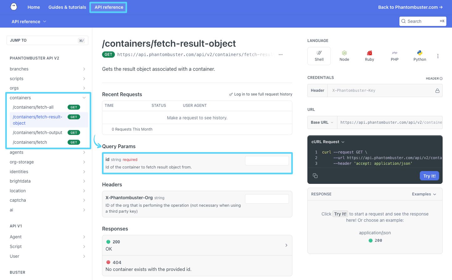PhantomBuster API reference showing where the Container ID is entered for an endpoint