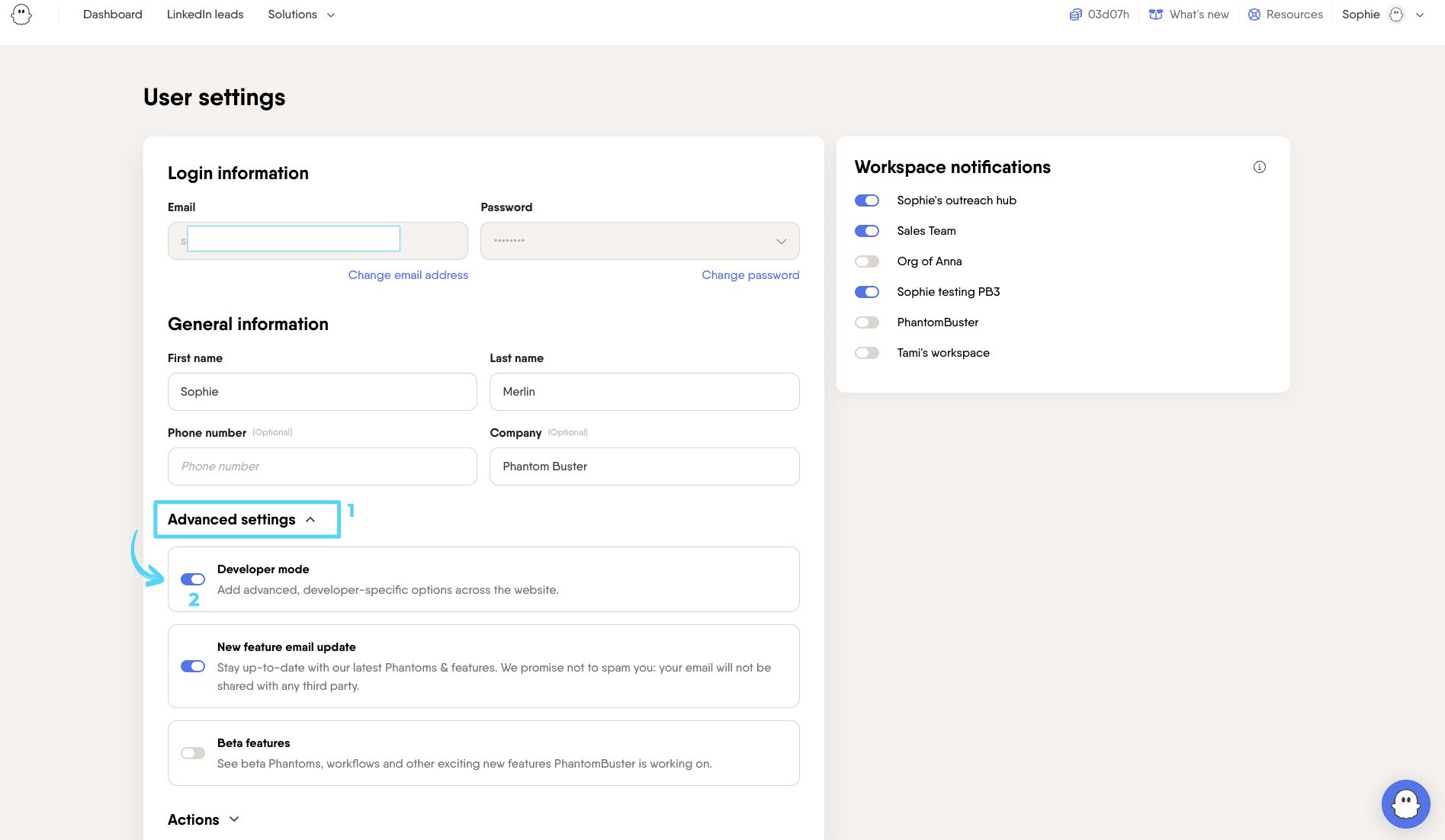 PhantomBuster personal settings showing Enable developer mode under Advanced Settings