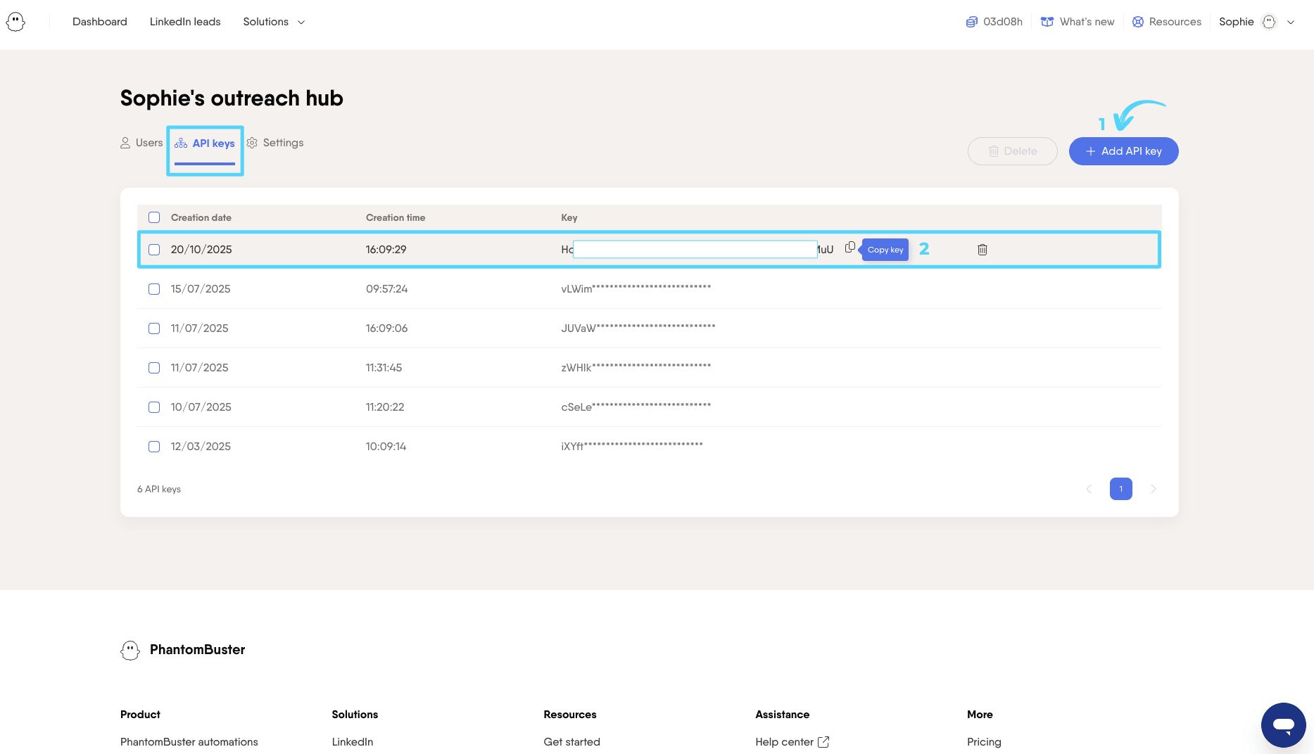 PhantomBuster API keys page showing the Add API key button