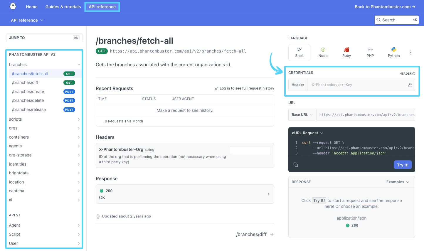 PhantomBuster API reference Credentials section showing the X-Phantombuster-Key field