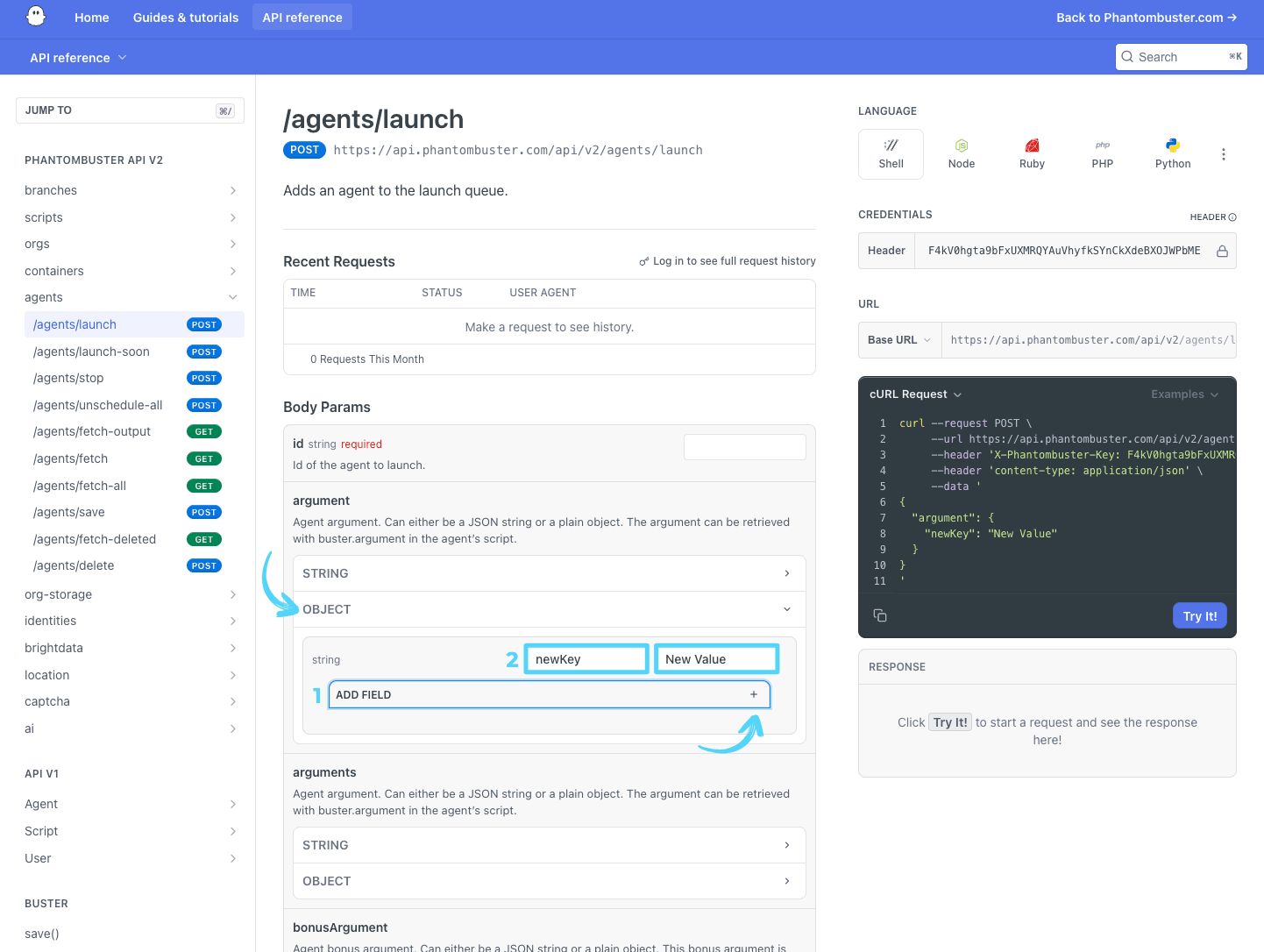 PhantomBuster API reference showing the argument Object option with the Add field button