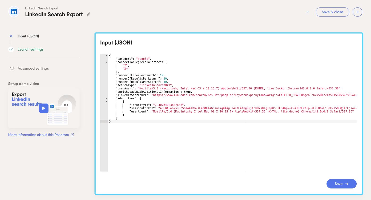 PhantomBuster Phantom setup showing the input configuration in JSON format