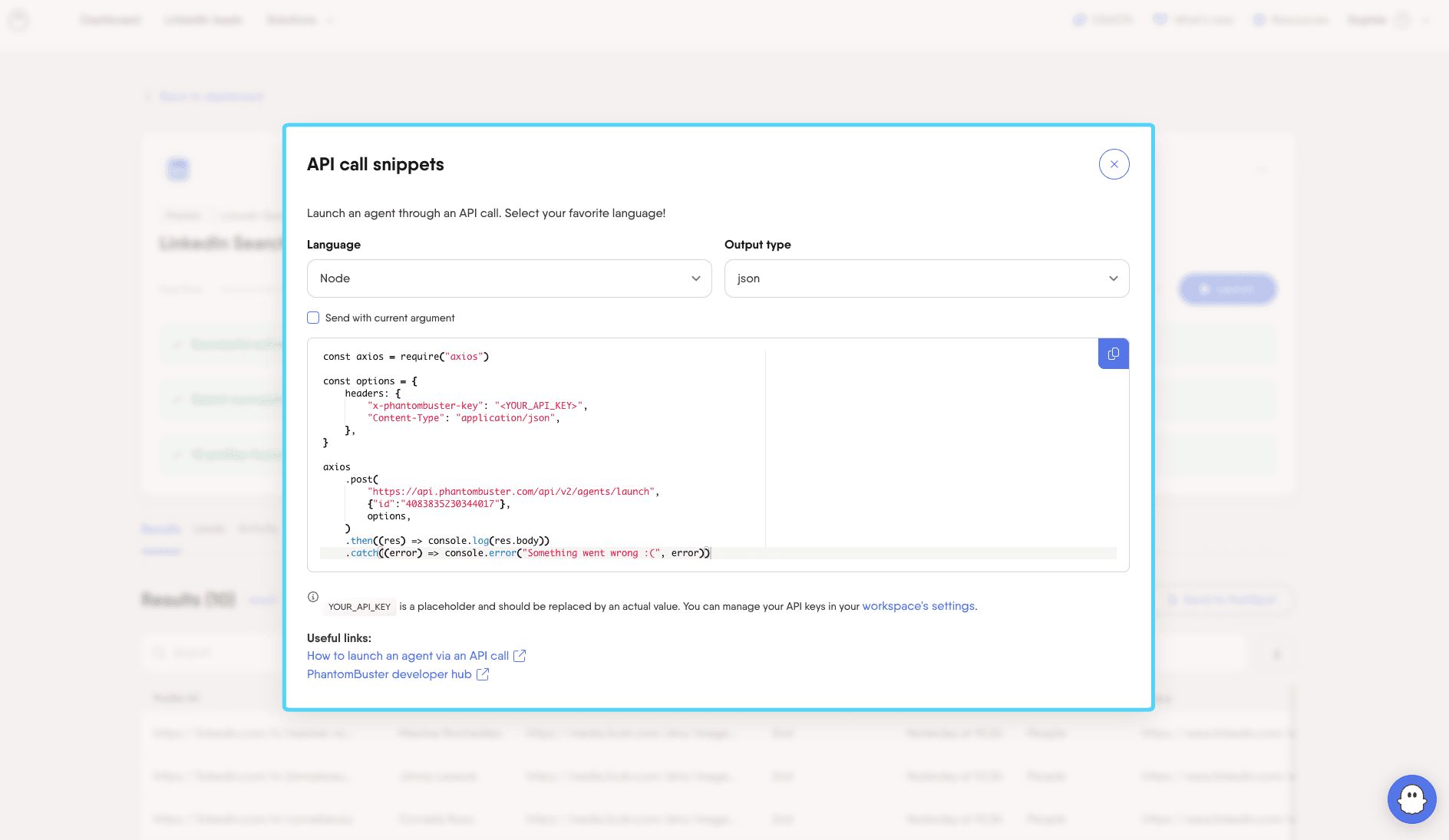 PhantomBuster API call snippets panel showing a ready-to-use launch request