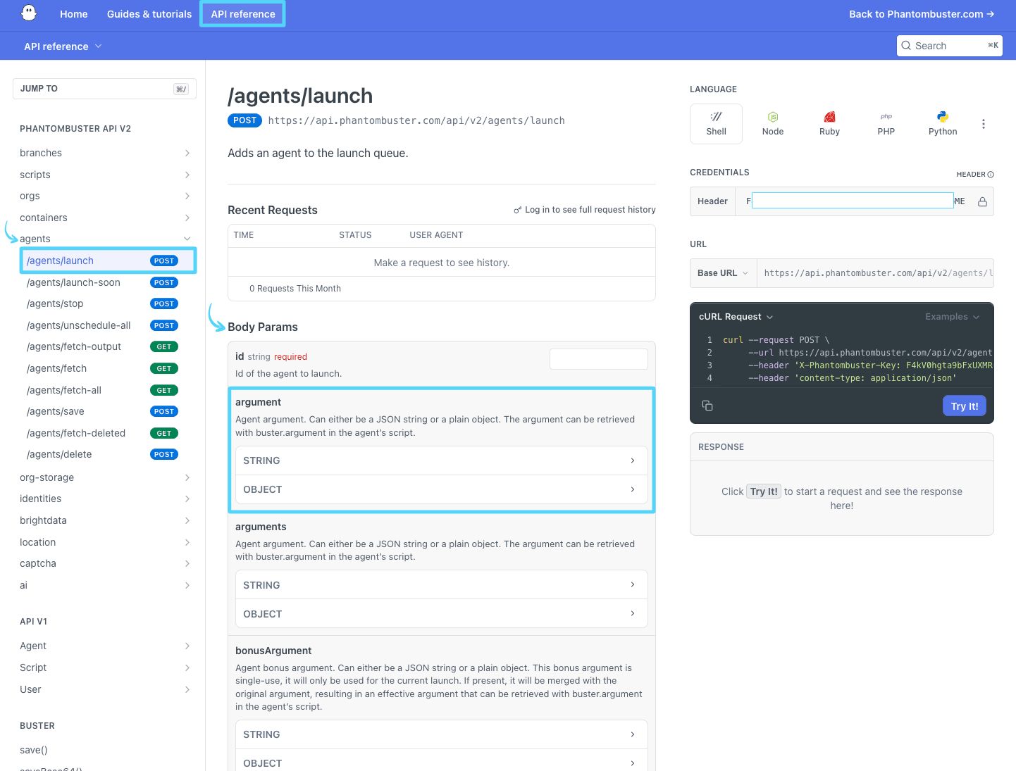 PhantomBuster API reference /agents/launch endpoint showing the argument field with String and Object options